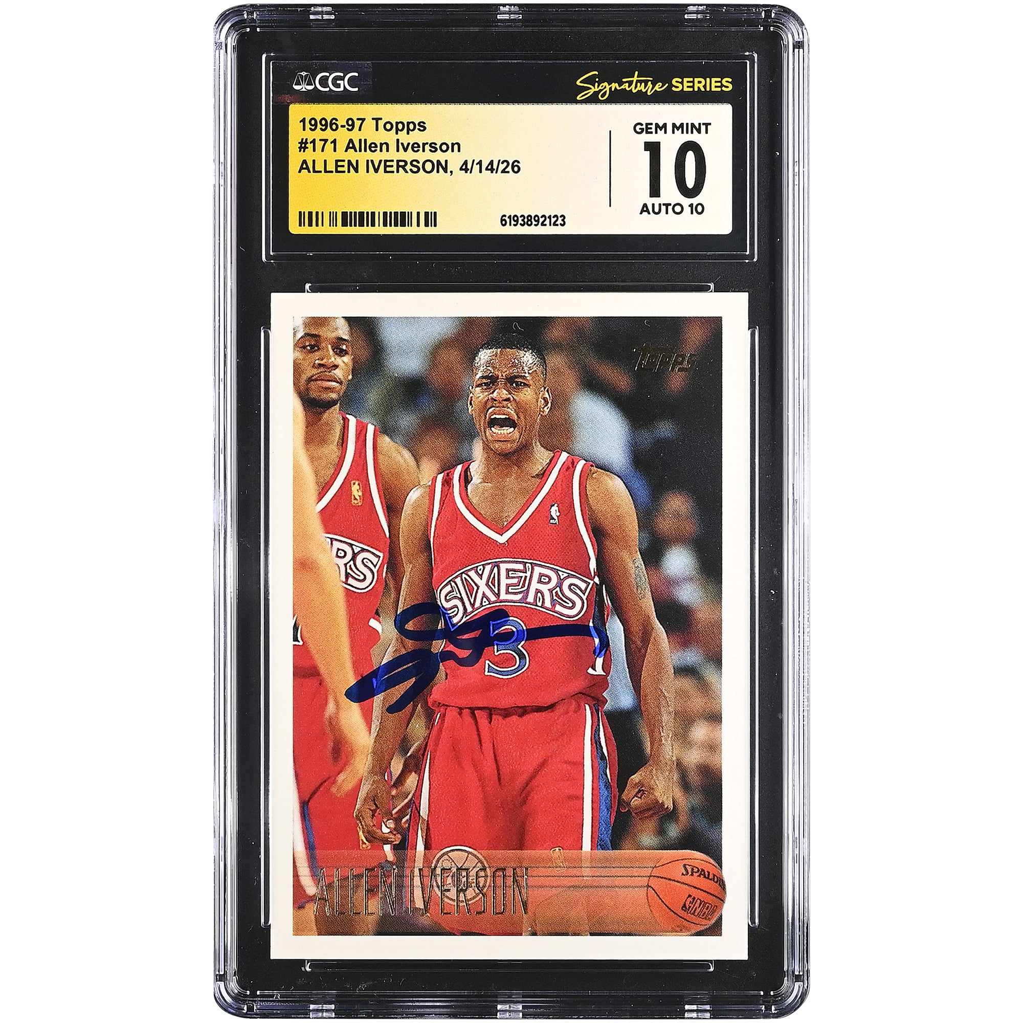 Carte de recrue d'Allen Iverson, Philadelphia 76ers, autographiée, Topps 1996-97, n° 171, authentifiée CGC Fanatics Witnessed, 10/10