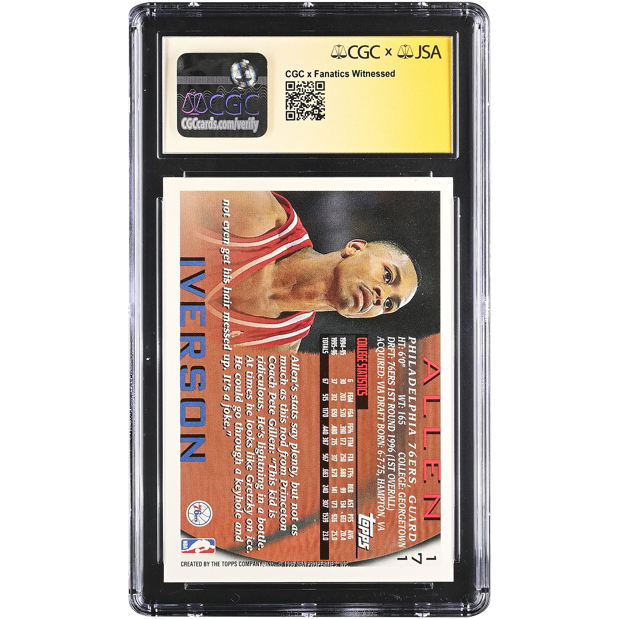 Carte de recrue d'Allen Iverson, Philadelphia 76ers, autographiée, Topps 1996-97, n° 171, authentifiée CGC Fanatics Witnessed, 10/10