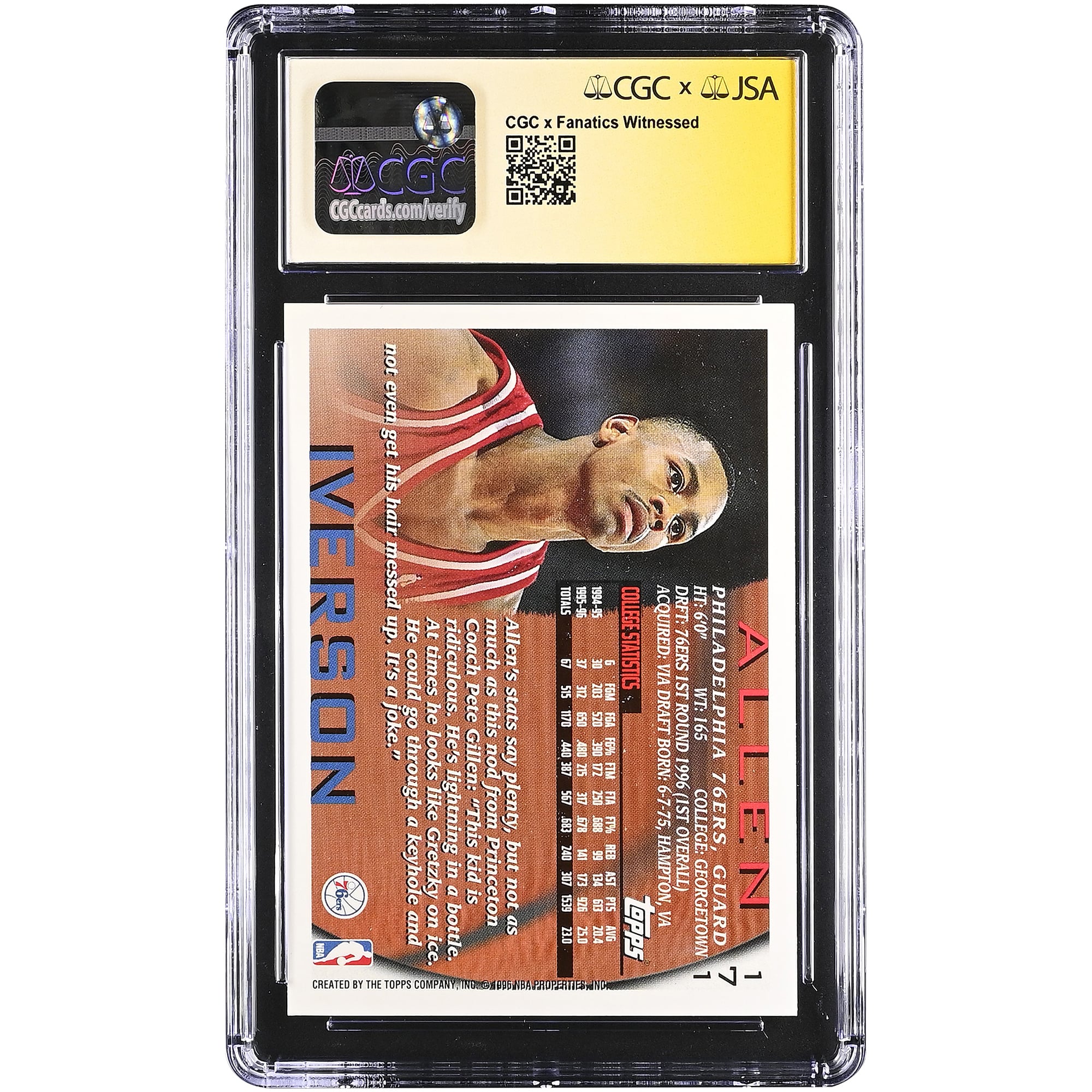Allen Iverson Philadelphia 76ers Autographed 1996-97 Topps #171 CGC Fanatics Witnessed Authenticated / Rookie Card