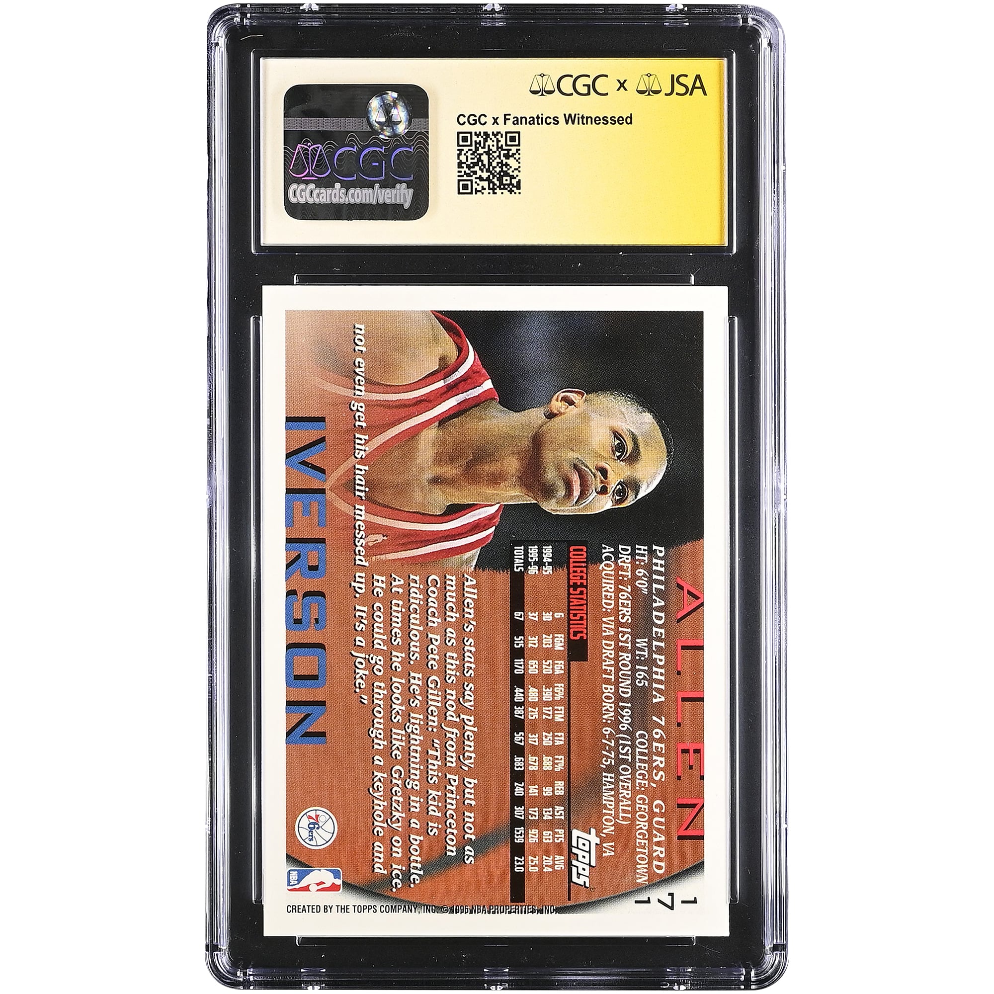 Carte de recrue d'Allen Iverson, Philadelphia 76ers, autographiée, Topps 1996-97 n° 171, authentifiée CGC Fanatics Witnessed, état 9,5/10