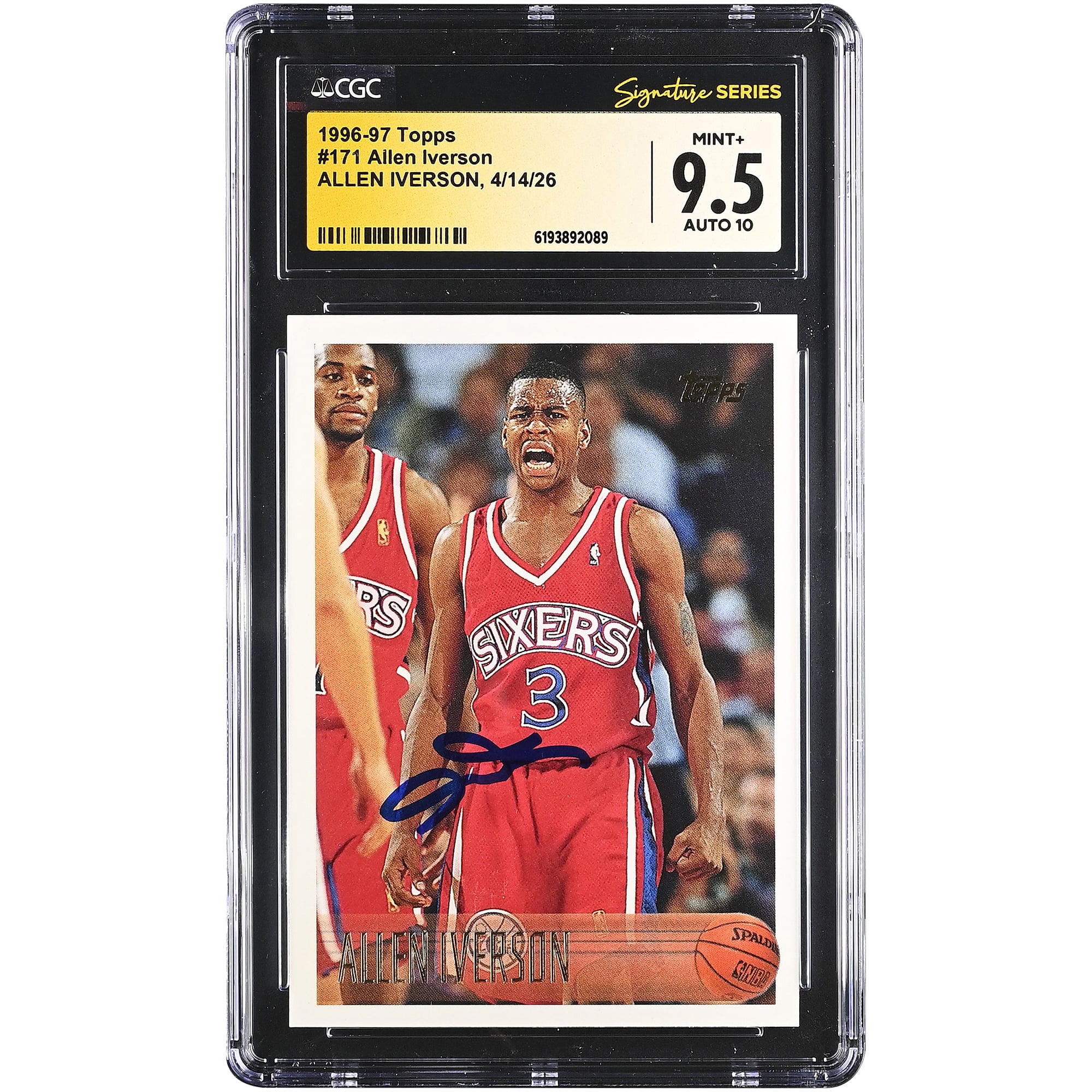 Carte de recrue d'Allen Iverson, Philadelphia 76ers, autographiée, Topps 1996-97 n° 171, authentifiée CGC Fanatics Witnessed, état 9,5/10