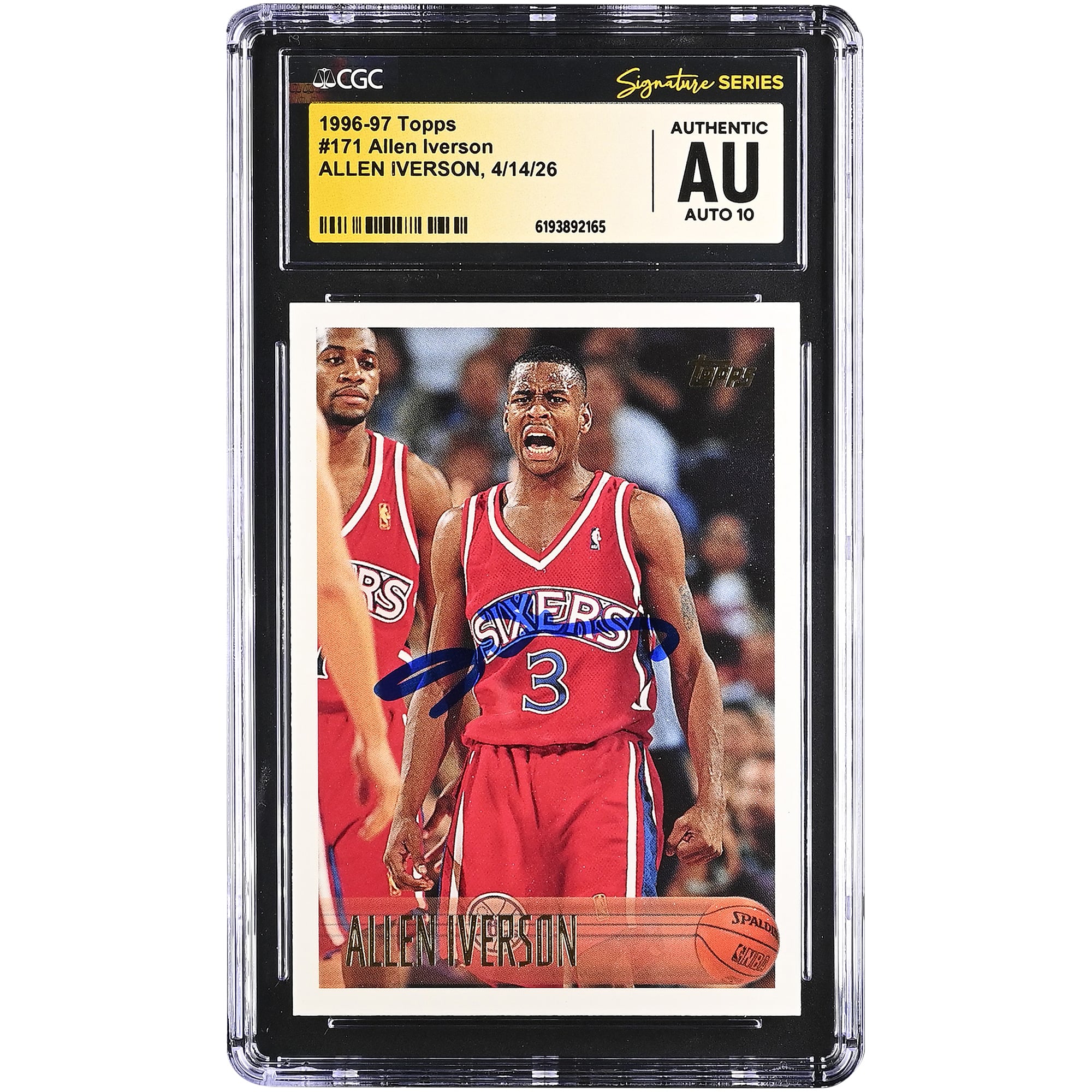 Allen Iverson Philadelphia 76ers Autographed 1996-97 Topps #171 CGC Fanatics Witnessed Authenticated AUTO 10 Rookie Card