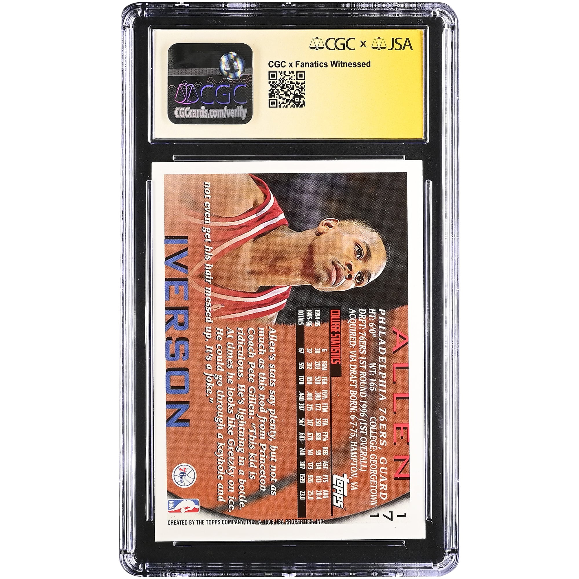 Allen Iverson Philadelphia 76ers Autographed 1996-97 Topps #171 CGC Fanatics Witnessed Authenticated AUTO 10 Rookie Card