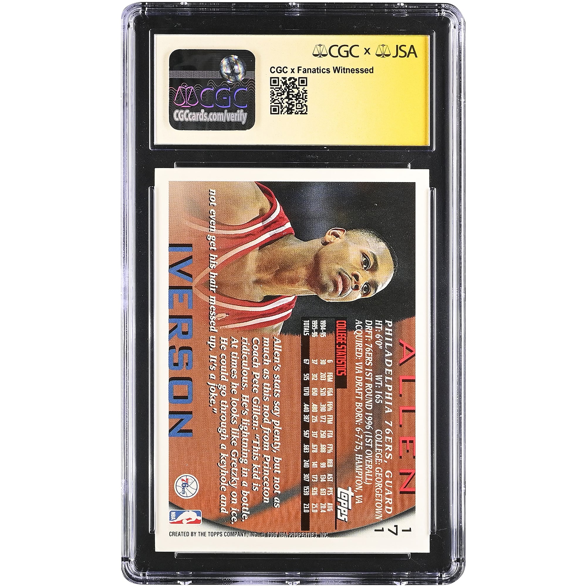 Carte de recrue autographiée d'Allen Iverson, Philadelphia 76ers, saison 1996-97, Topps n° 171, authentifiée par Fanatics Witnessed (CGC).