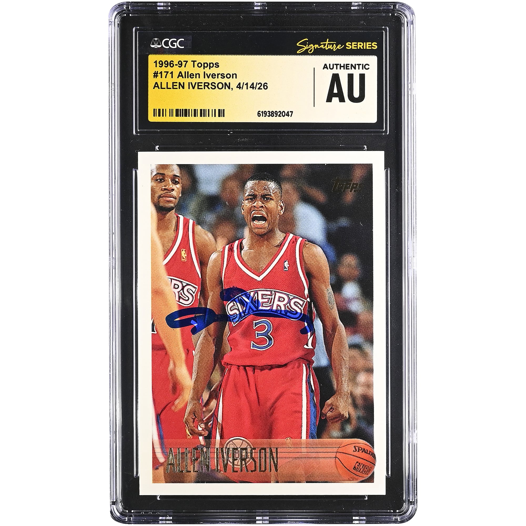 Carte de recrue autographiée d'Allen Iverson, Philadelphia 76ers, saison 1996-97, Topps n° 171, authentifiée par Fanatics Witnessed (CGC).