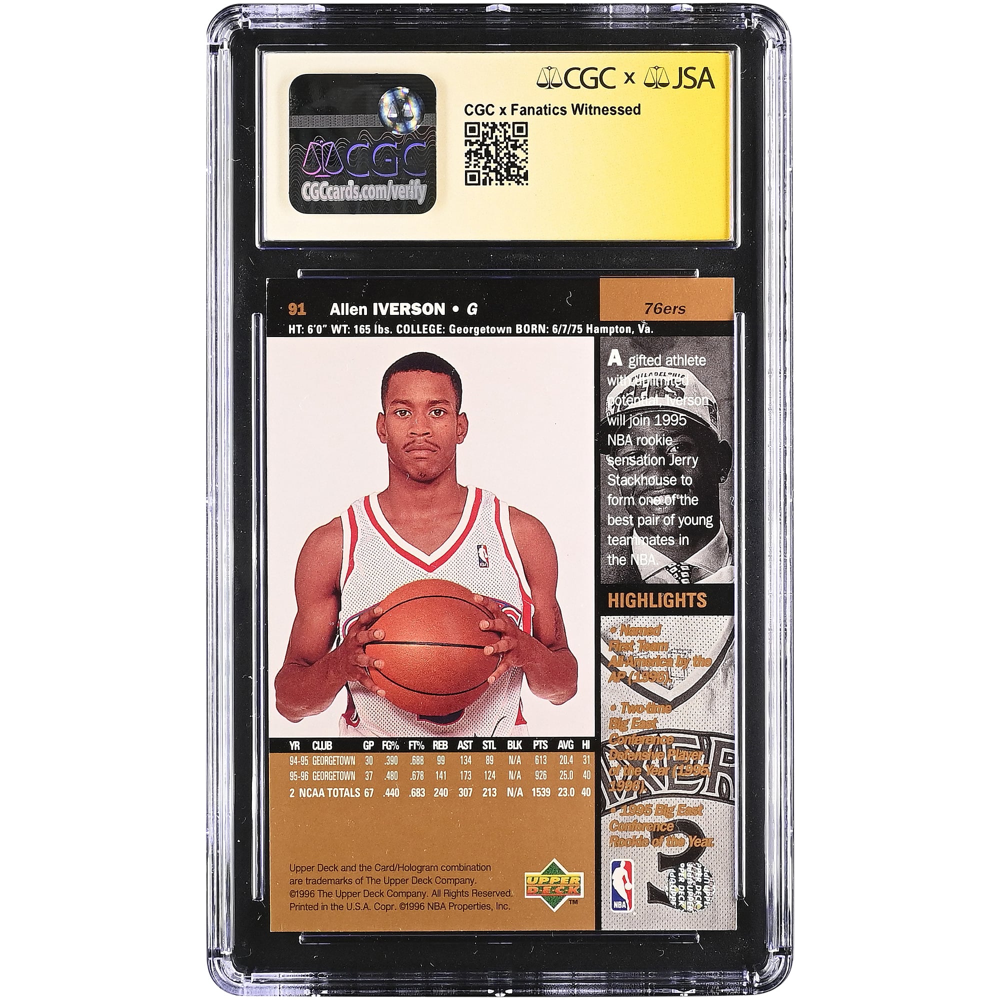 Allen Iverson Philadelphia 76ers Autographed 1996-97 Upper Deck #91 CGC Fanatics Witnessed Authenticated /10 Rookie Card