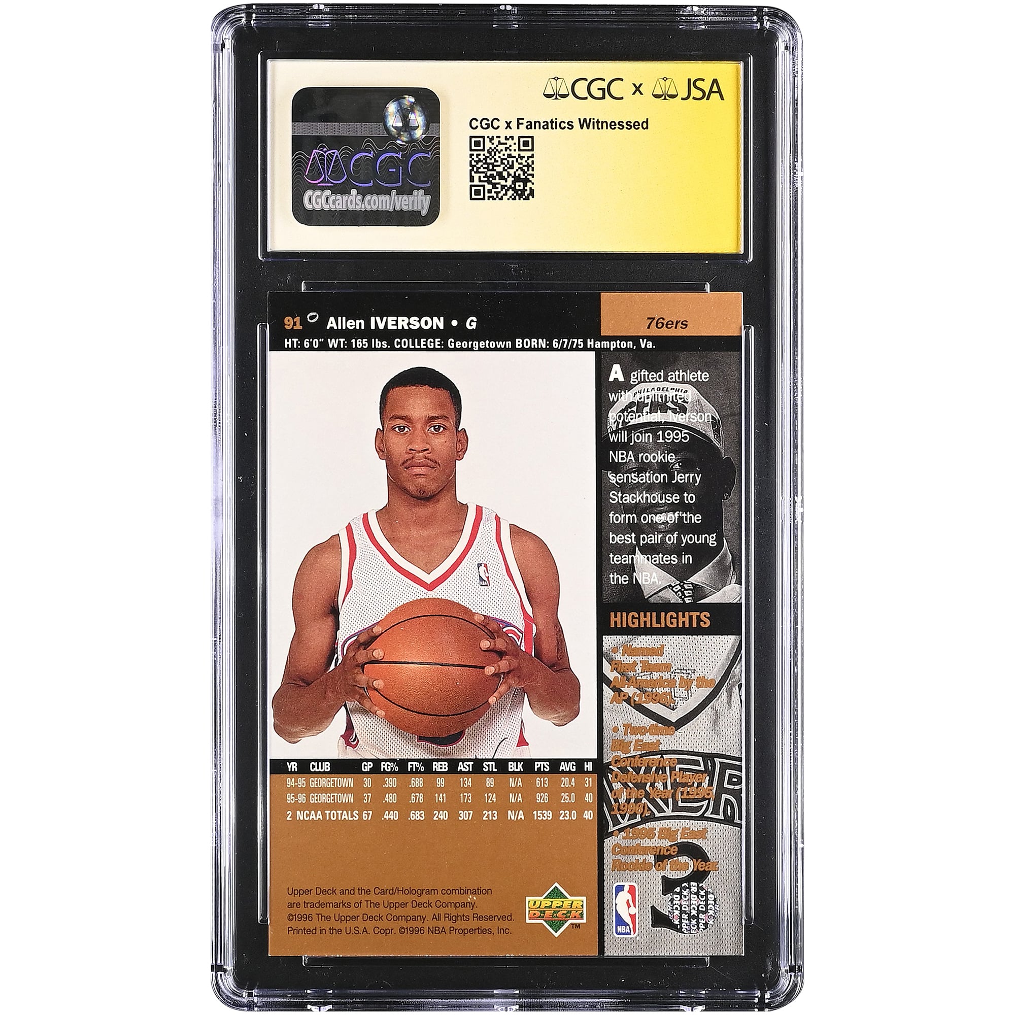 Carte de recrue d'Allen Iverson, Philadelphia 76ers, autographiée, 1996-97, Upper Deck n° 91, authentifiée CGC Fanatics Witnessed, état 9,5/10