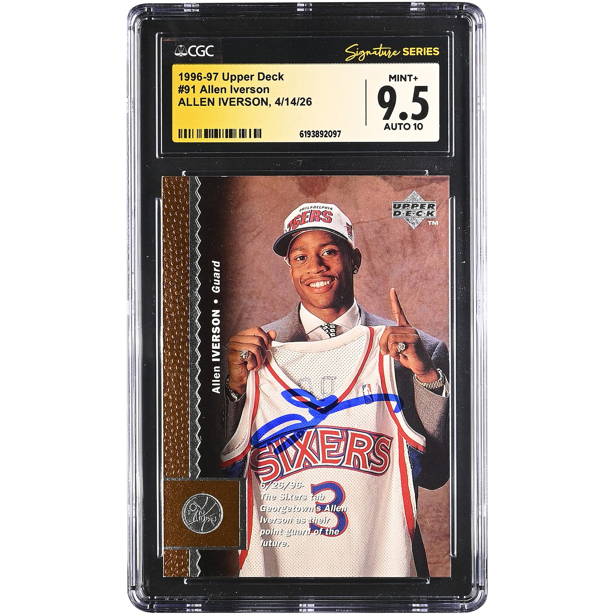 Carte de recrue d'Allen Iverson, Philadelphia 76ers, autographiée, 1996-97, Upper Deck n° 91, authentifiée CGC Fanatics Witnessed, état 9,5/10