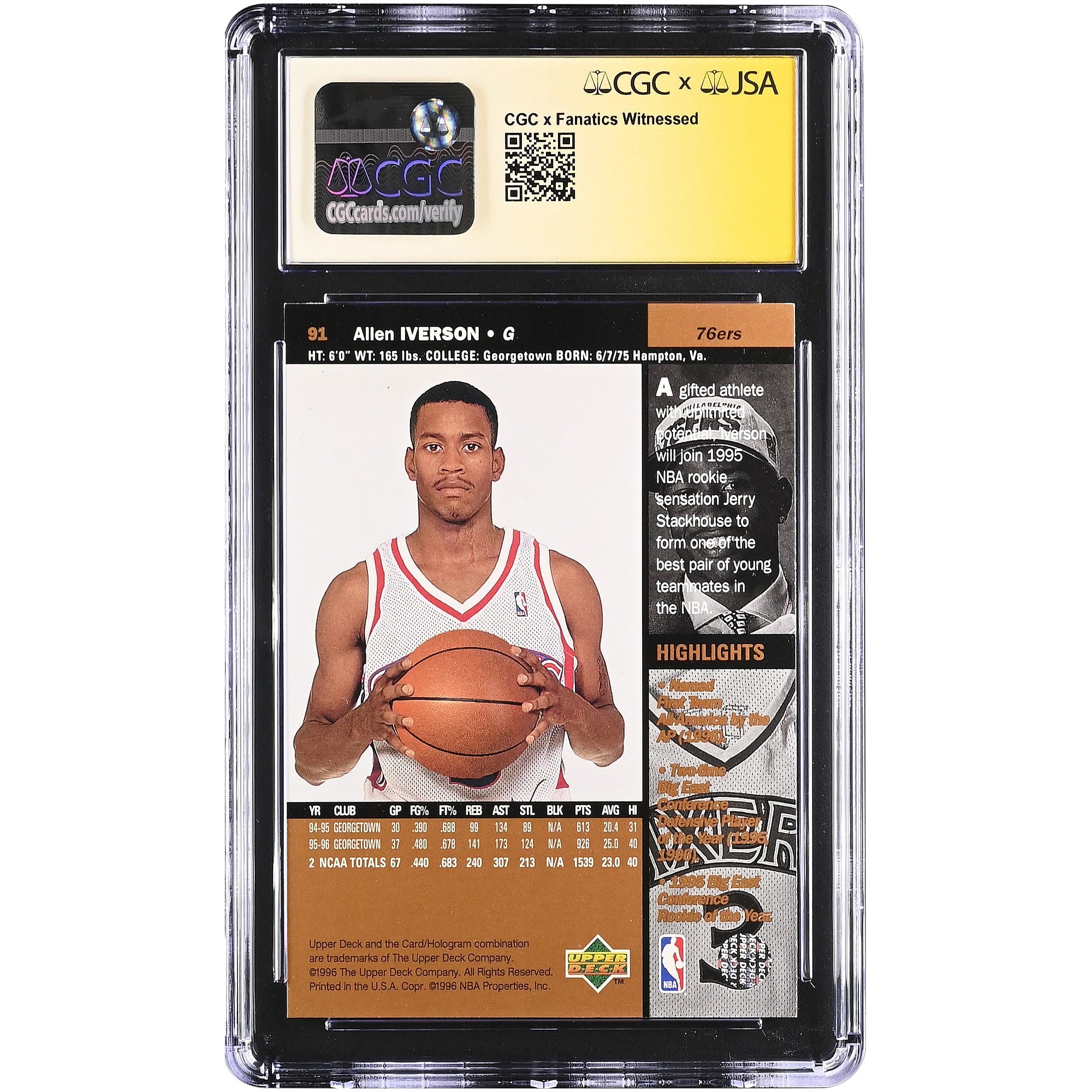 Allen Iverson Philadelphia 76ers Autographed 1996-97 Upper Deck #91 CGC Fanatics Witnessed Authenticated AUTO 10 Rookie Card
