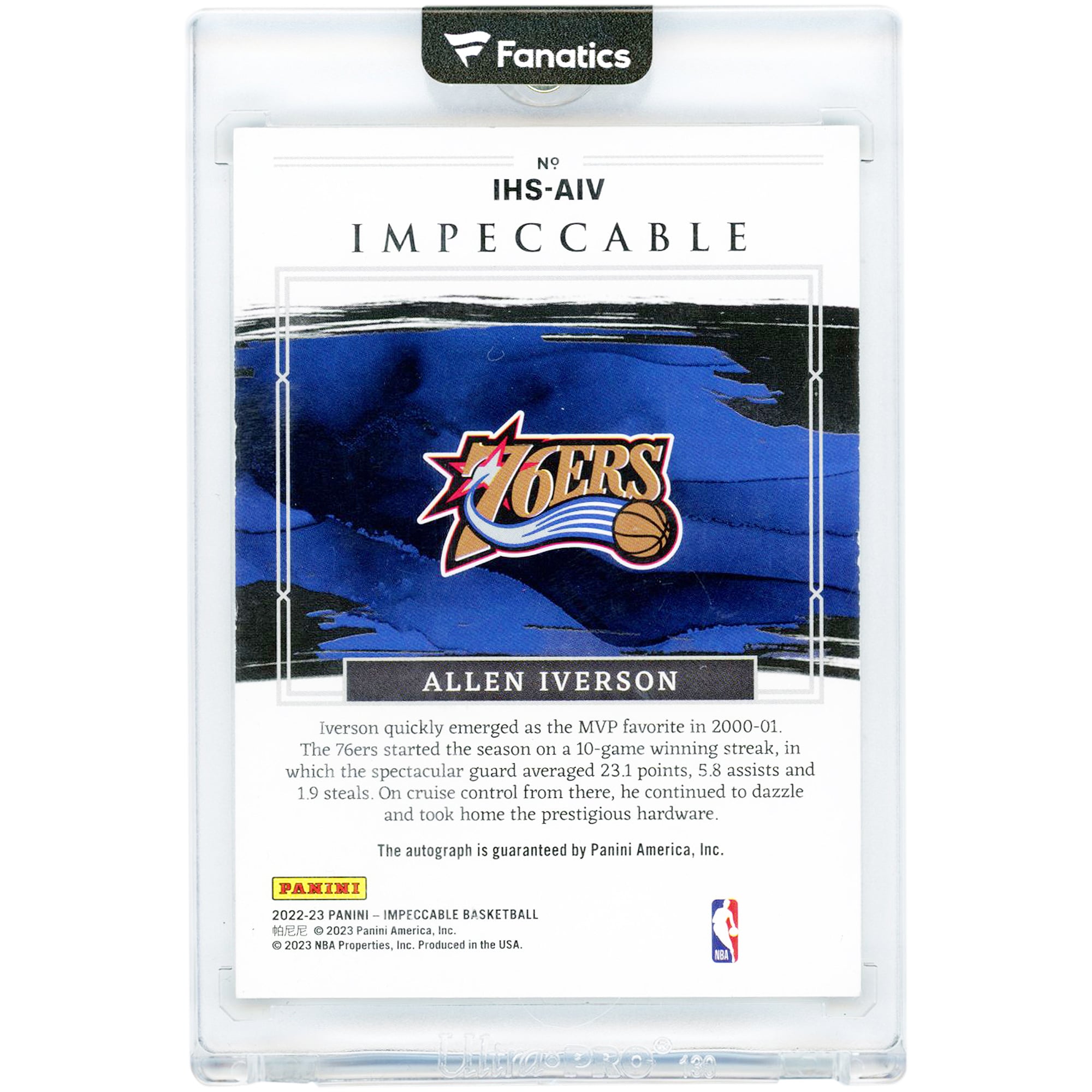 Allen Iverson Philadelphia 76ers Autographed 2022-23 Panini Impeccable Honors #IHS-AIV #25/25 Card