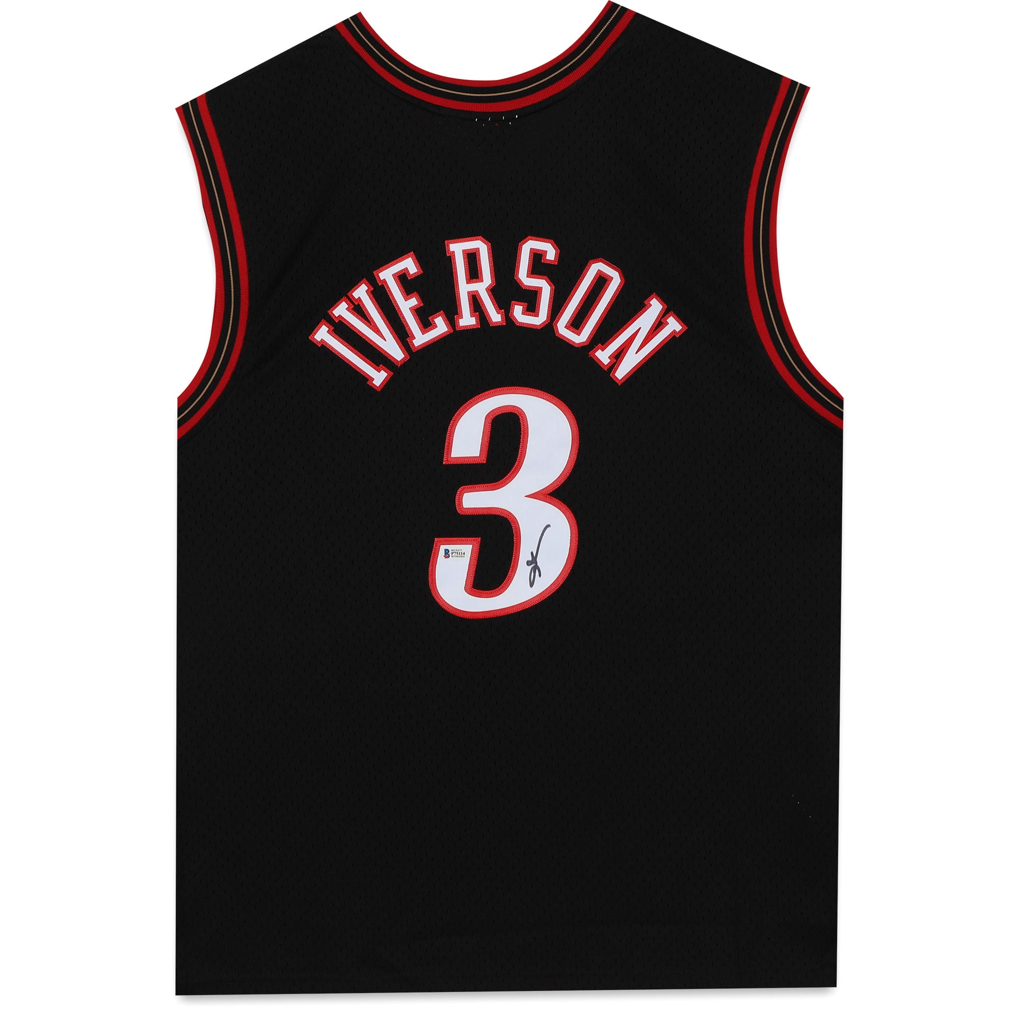 Maillot Swingman noir autographié par Allen Iverson des Philadelphia 76ers, Mitchell et Ness, Hardwood Classic 2000-01
