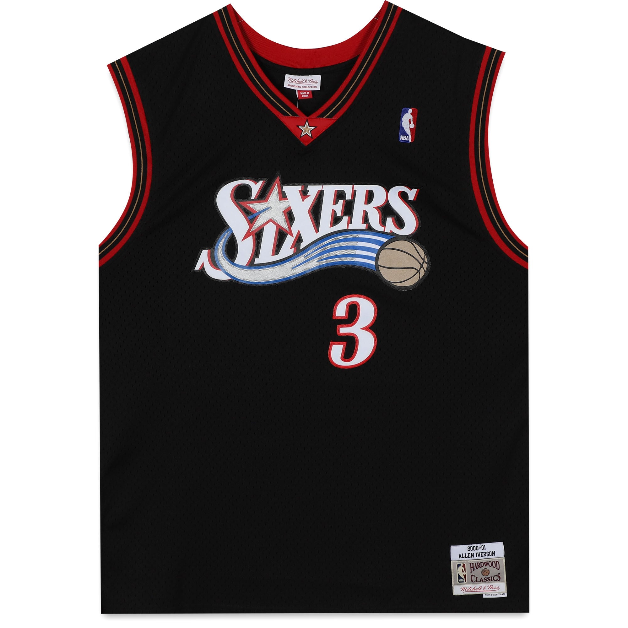 Maillot Swingman noir autographié par Allen Iverson des Philadelphia 76ers, Mitchell et Ness, Hardwood Classic 2000-01