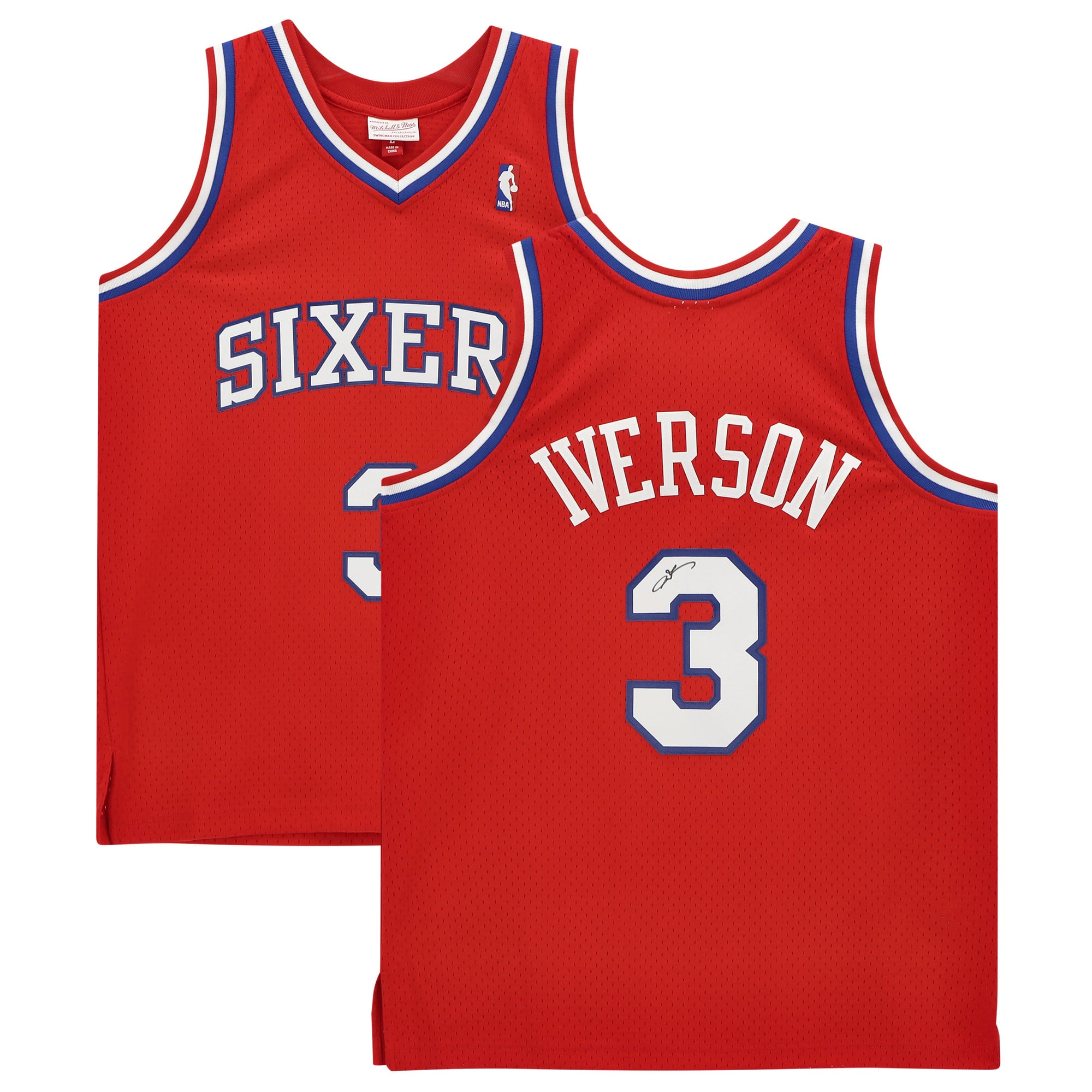 Maillot Swingman rouge Mitchell & Ness 2002-03 autographié par Allen Iverson des Philadelphia 76ers