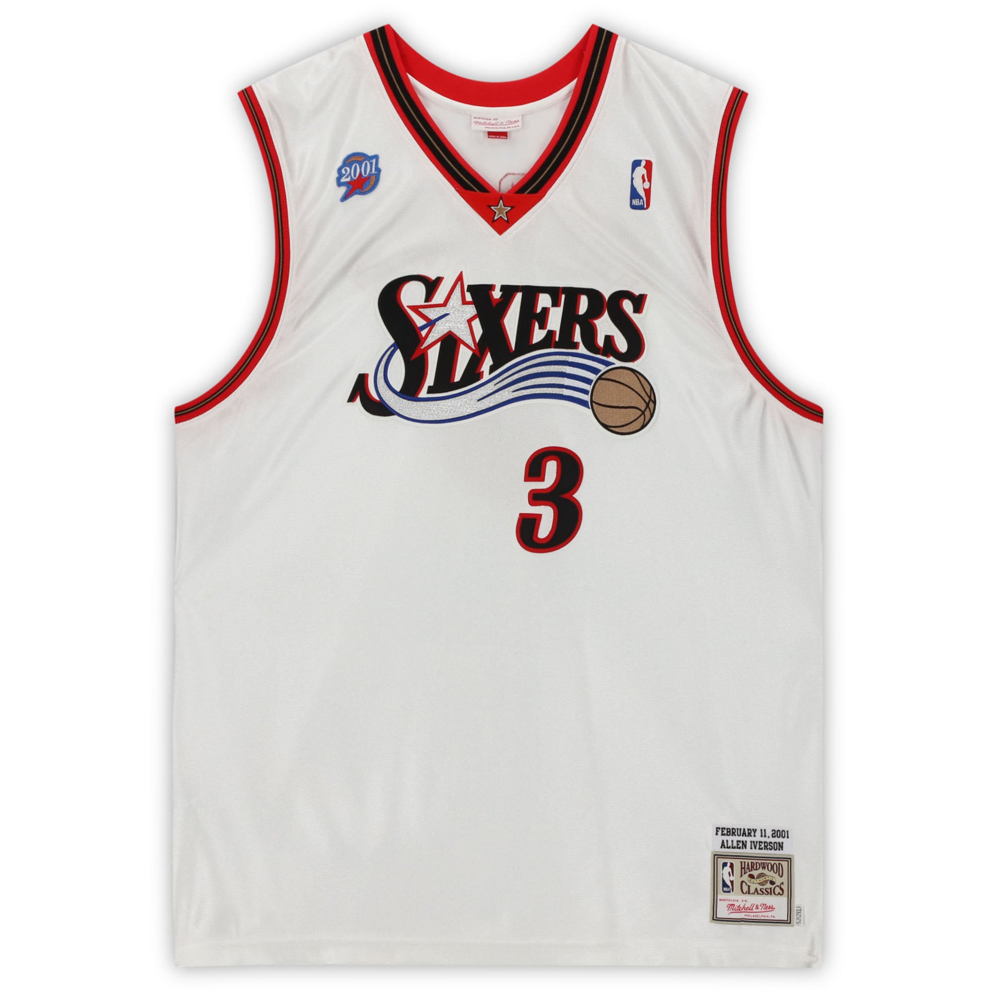 Maillot authentique Mitchell & Ness autographié par Allen Iverson Philadelphia 76ers blanc 2000-01