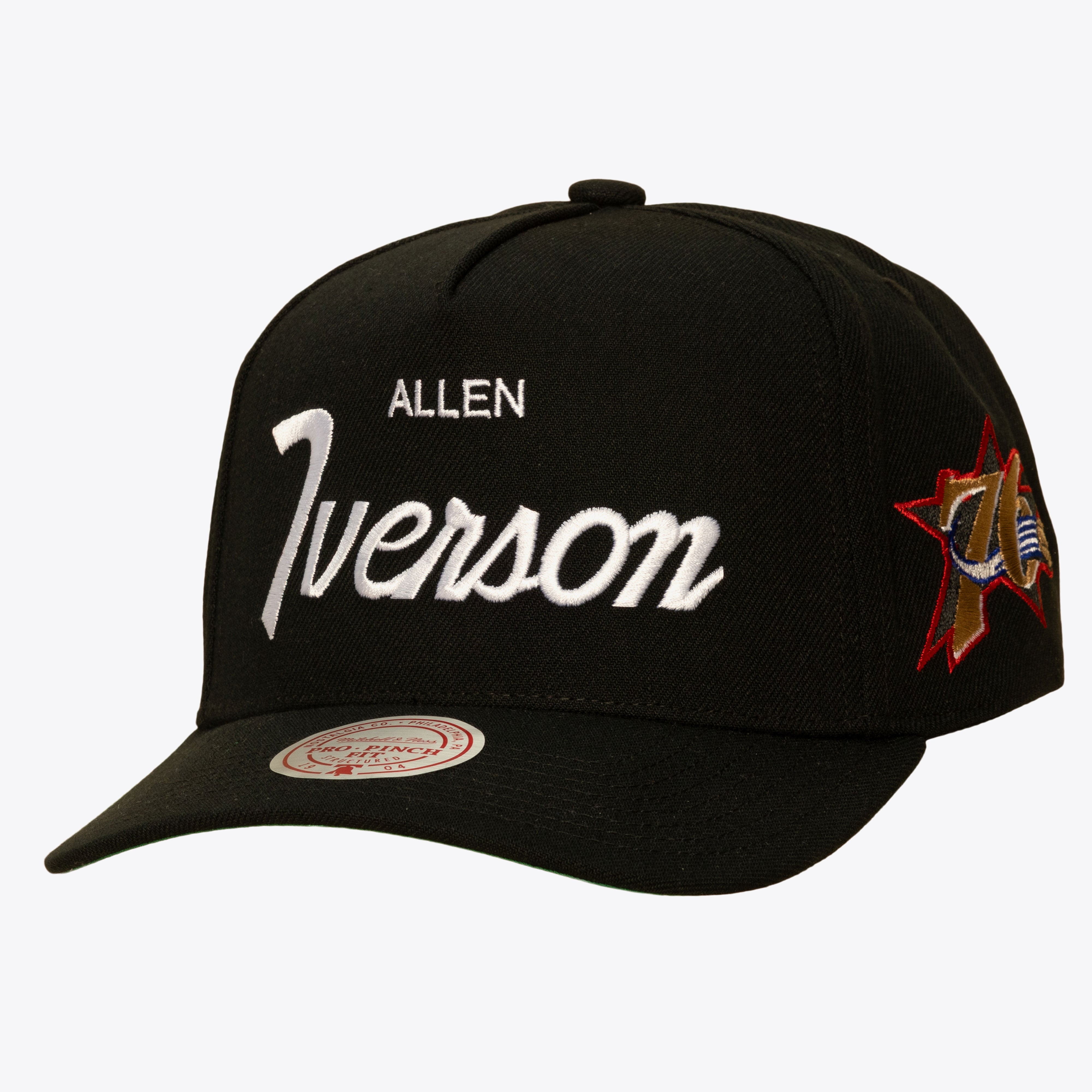 Allen Iverson Philadelphia 76ers Black Hardwood Classics Player Script Pro Pinch Snapback Hat