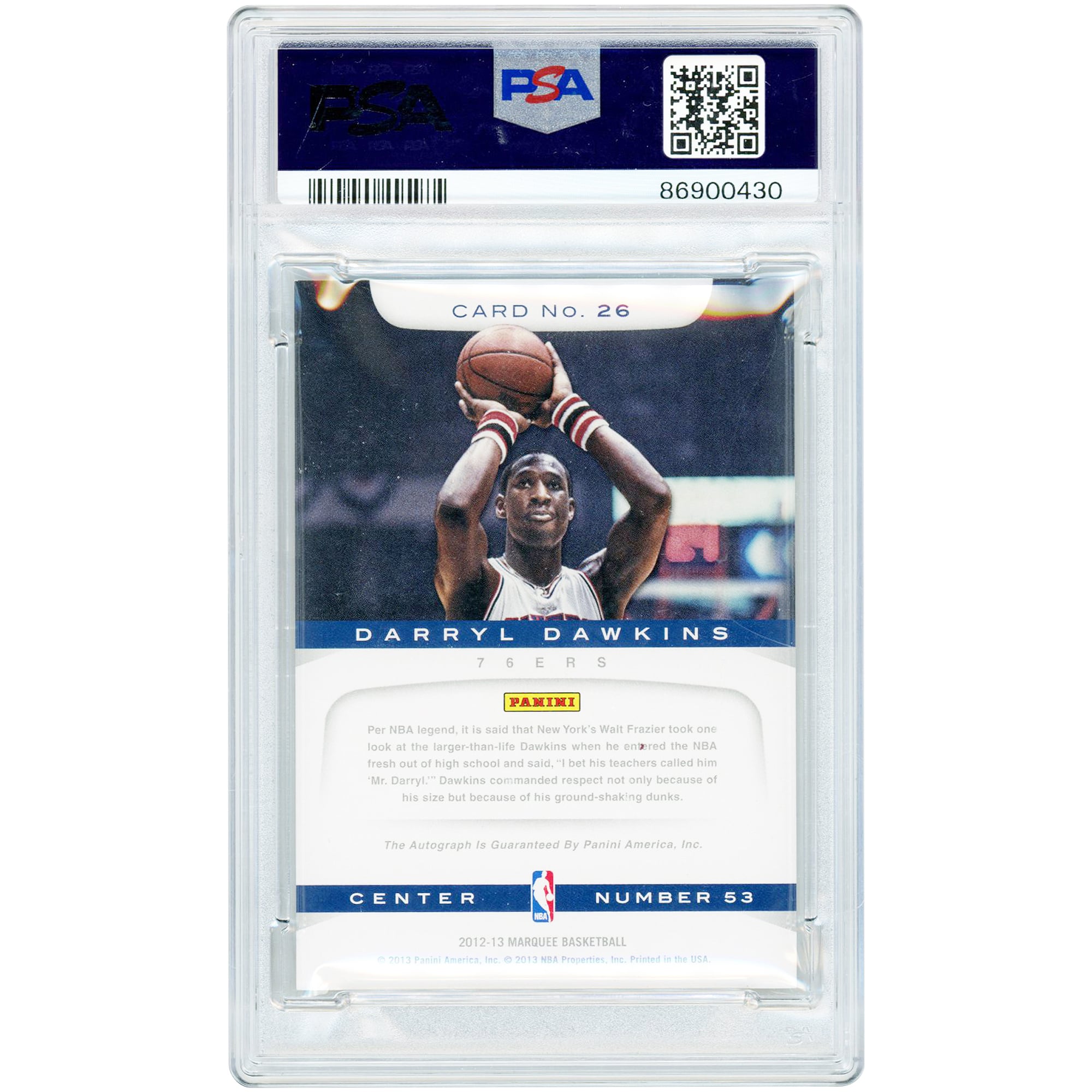 Darryl Dawkins Philadelphia 76ers Autographed 2012-13 Panini Marquee Legends #26 PSA Authenticated 8/10 Card