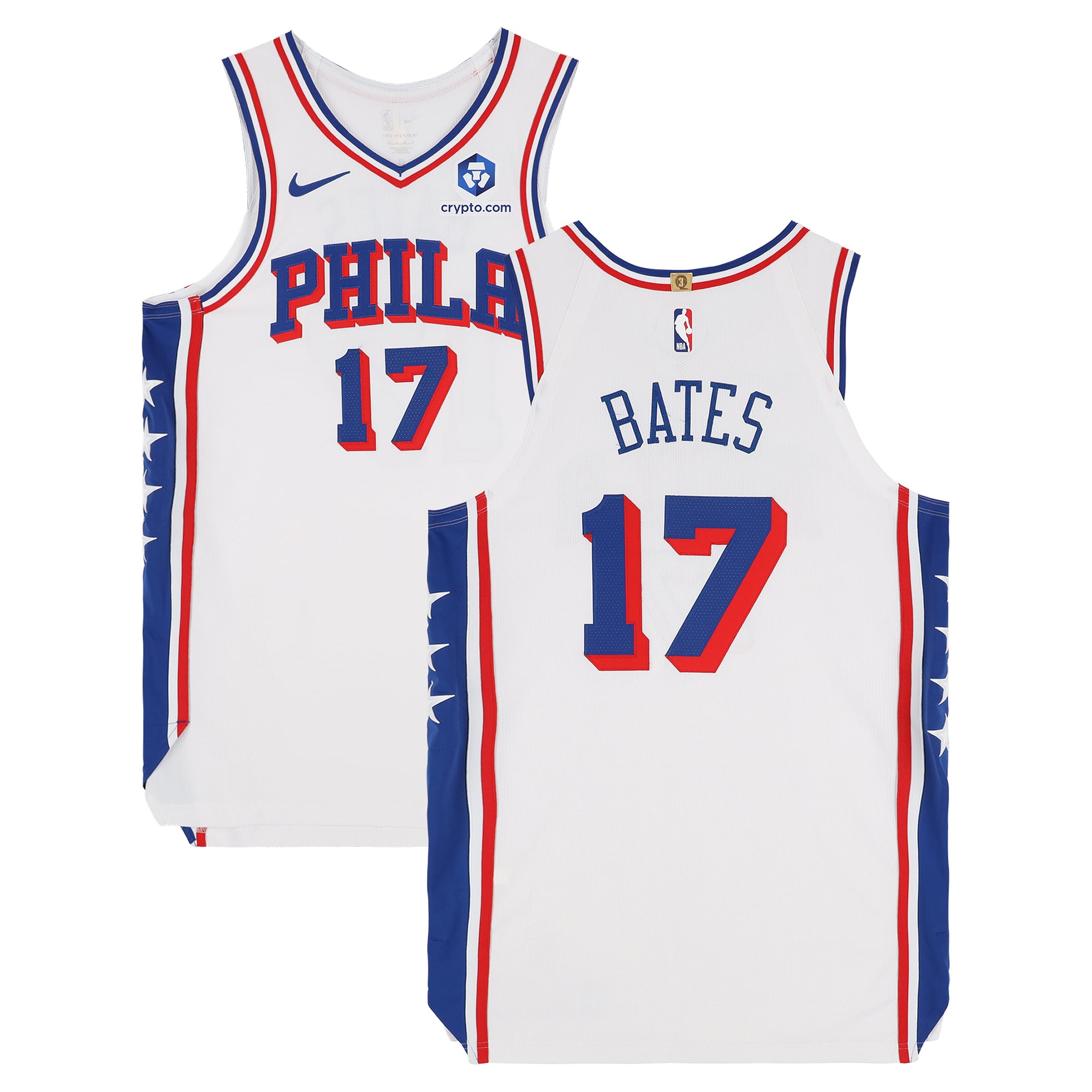 Maillot blanc n° 17 d'Emoni Bates (Philadelphia 76ers), porté par le joueur lors de la saison NBA 2025-2026 - Taille 48+4
