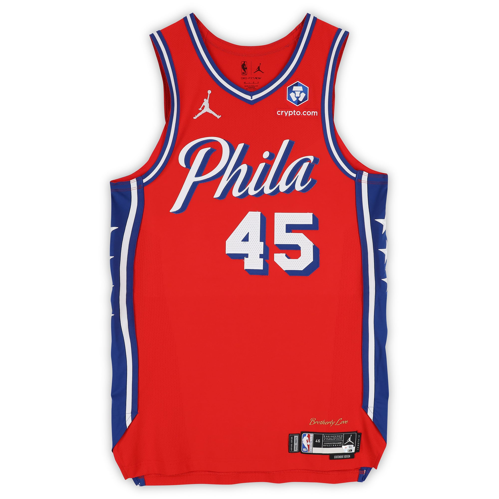 Maillot rouge n° 45 des Philadelphia 76ers, porté par Hunter Sallis lors de la saison NBA 2025-2026 - Taille 46+4
