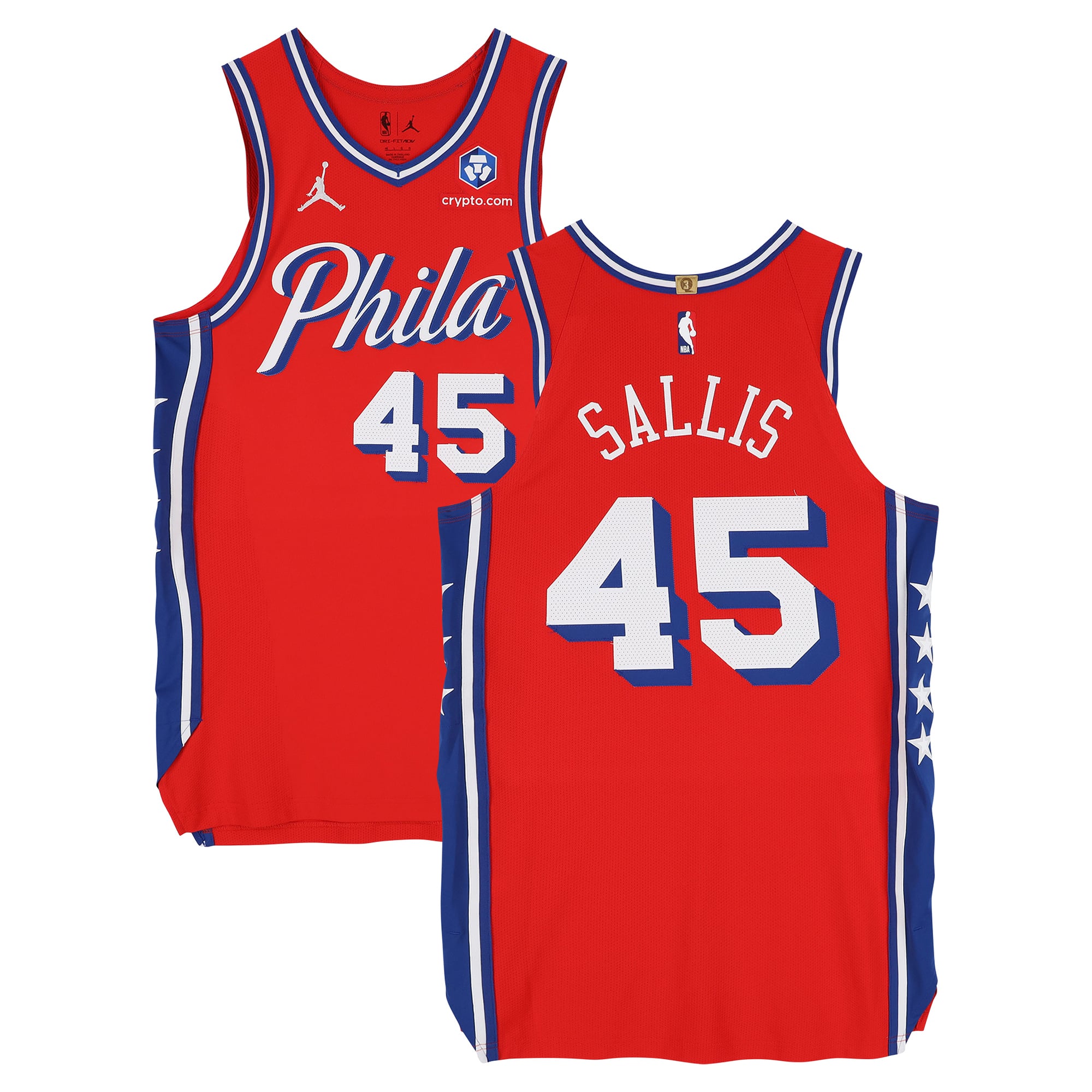Maillot rouge n° 45 des Philadelphia 76ers, porté par Hunter Sallis lors de la saison NBA 2025-2026 - Taille 46+4