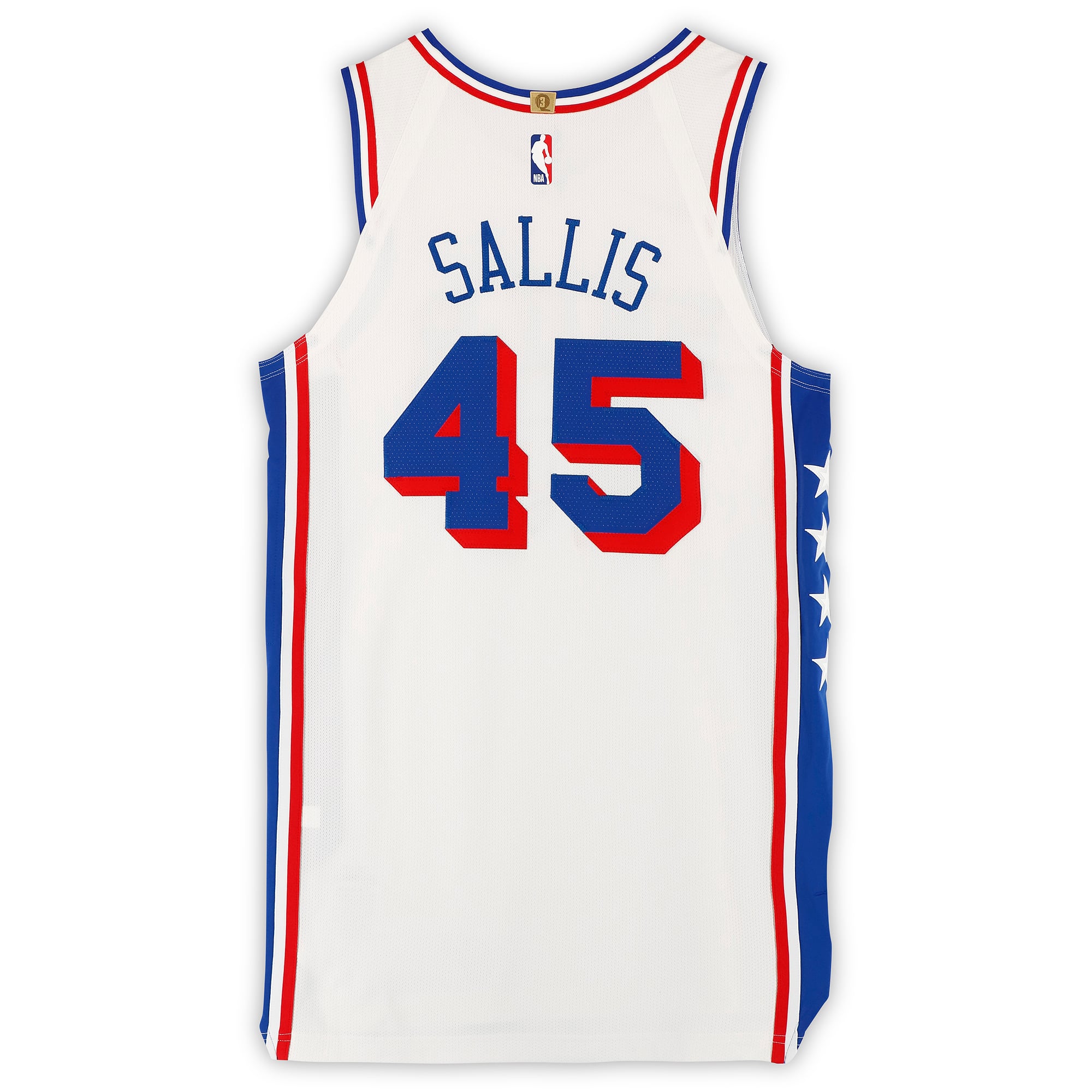 Maillot blanc n° 45 porté par Hunter Sallis, joueur des Philadelphia 76ers, saison NBA 2025-2026 - Taille 46+4
