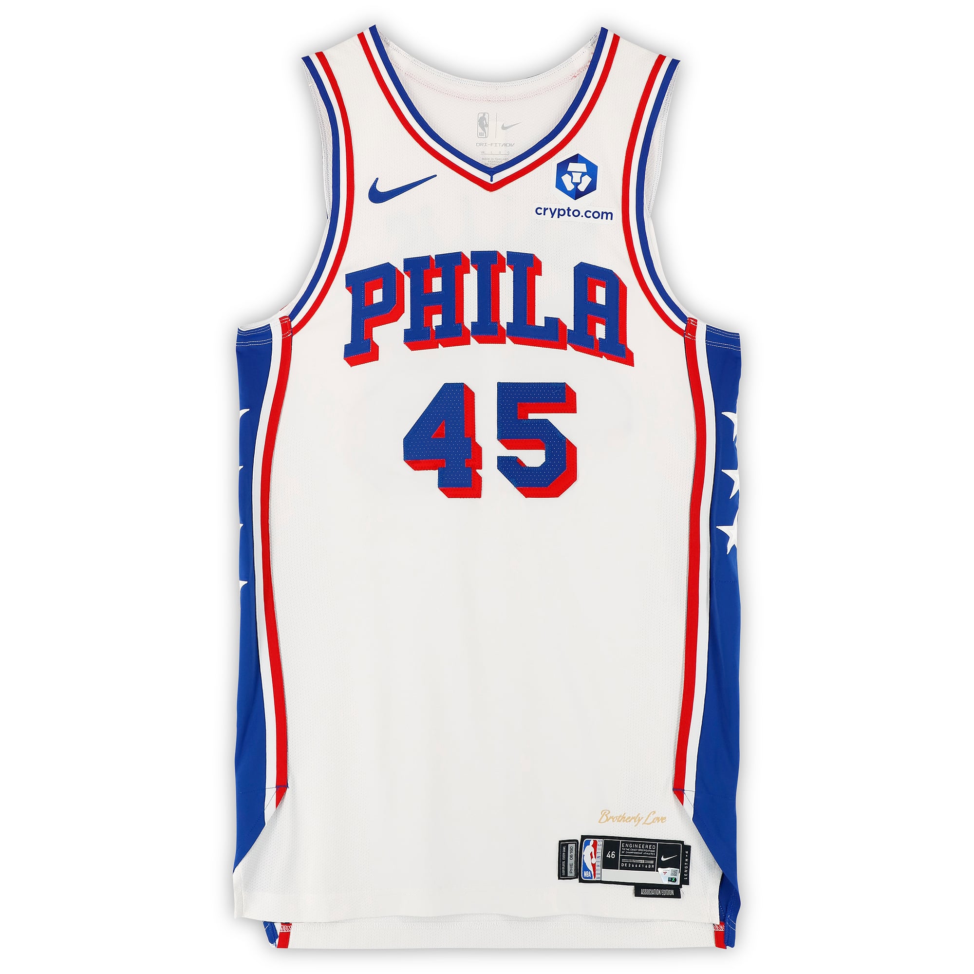 Maillot blanc n° 45 porté par Hunter Sallis, joueur des Philadelphia 76ers, saison NBA 2025-2026 - Taille 46+4