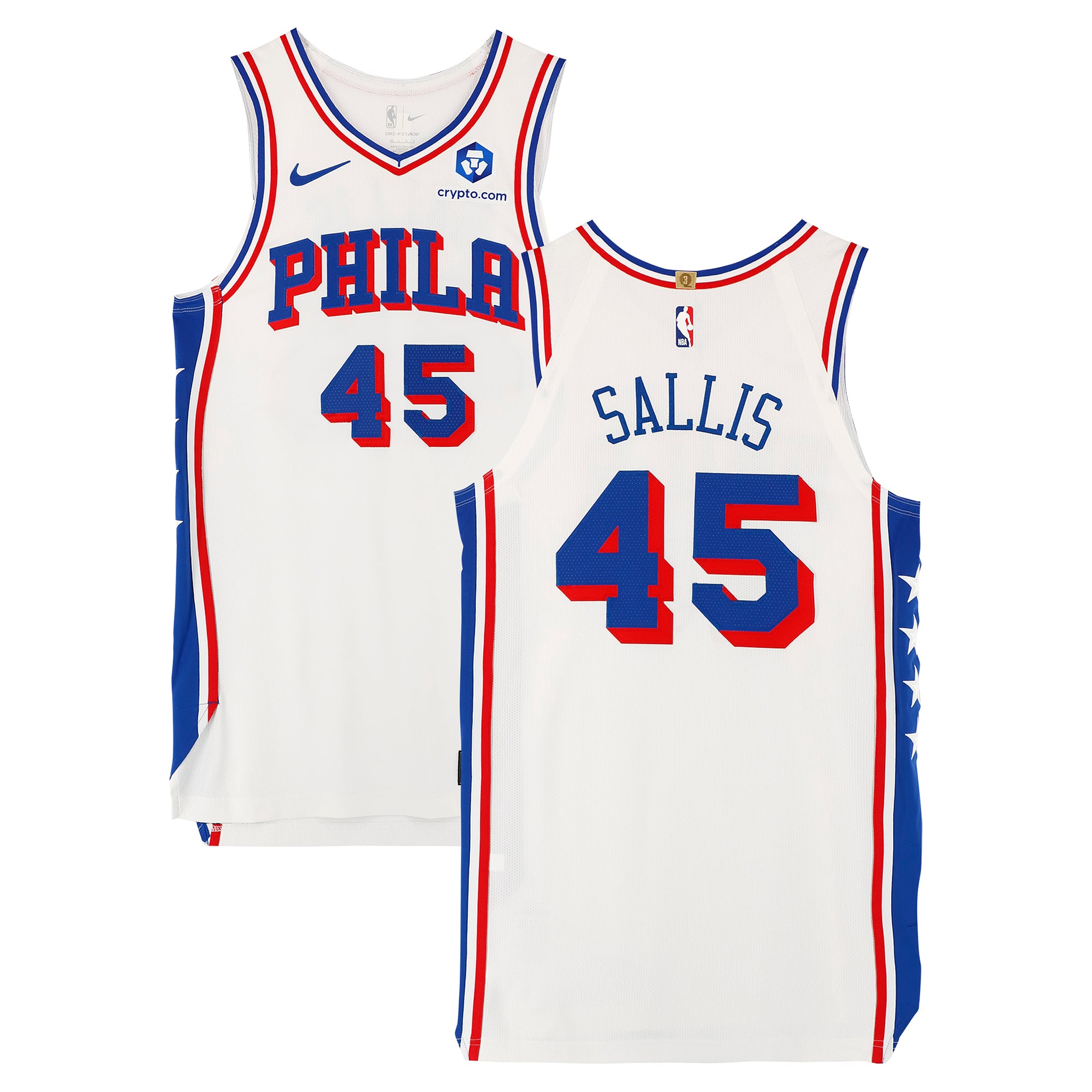 Maillot blanc n° 45 porté par Hunter Sallis, joueur des Philadelphia 76ers, saison NBA 2025-2026 - Taille 46+4