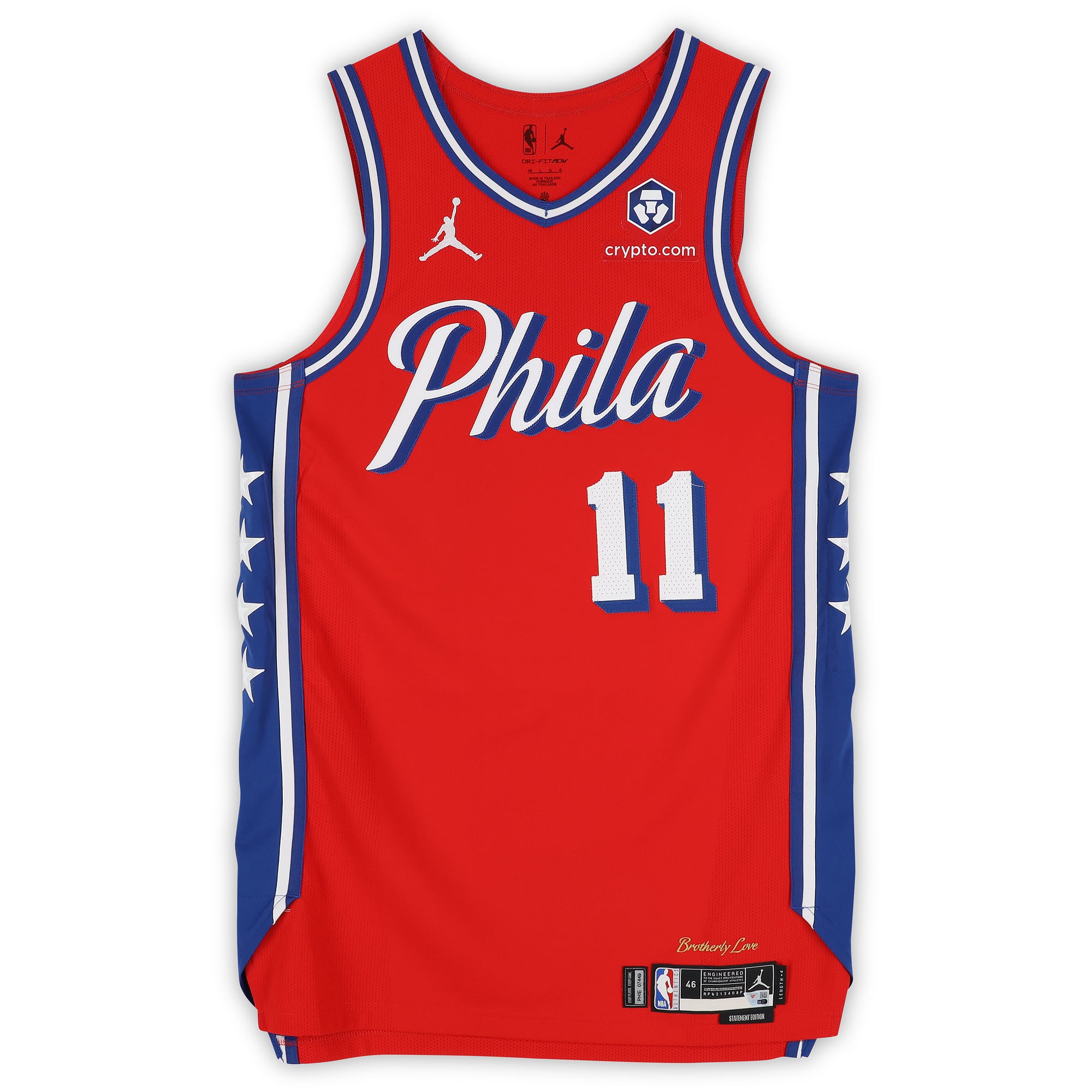 Maillot rouge n° 11 des Philadelphia 76ers, porté par Jeff Dowtin Jr. lors de la saison NBA 2025-2026 - Taille 48+4