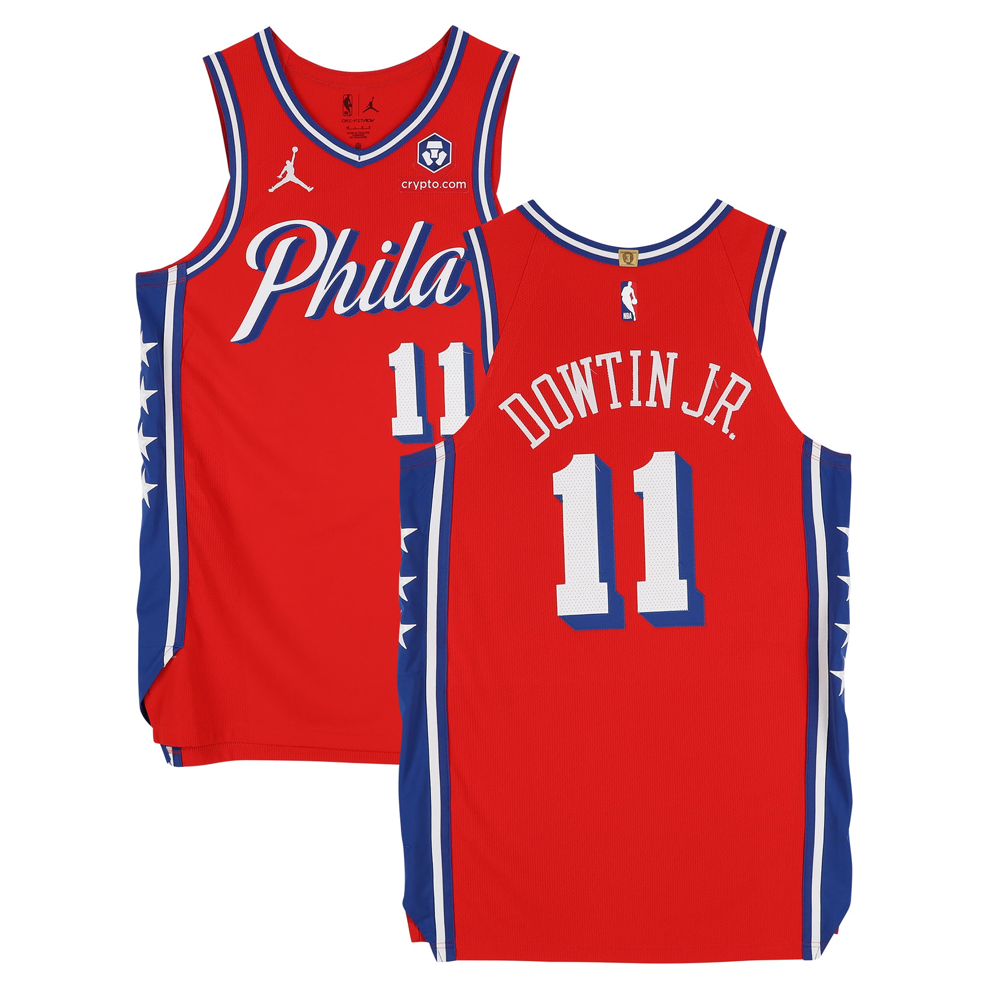 Maillot rouge n° 11 des Philadelphia 76ers, porté par Jeff Dowtin Jr. lors de la saison NBA 2025-2026 - Taille 48+4