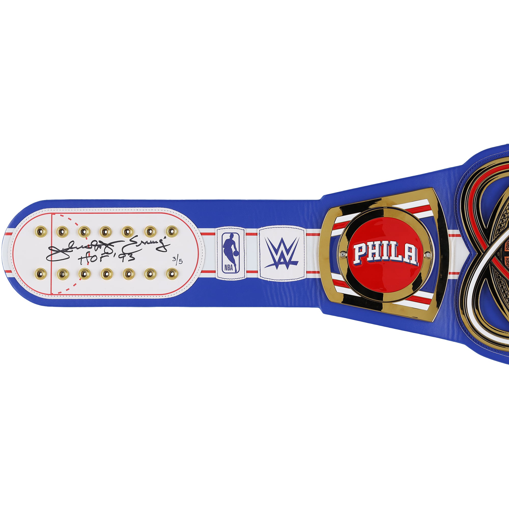 Ceinture de titre WWE Legacy des Philadelphia 76ers, signée par Julius Erving et Allen Iverson, avec inscription « HOF » - Édition limitée n° 3/5