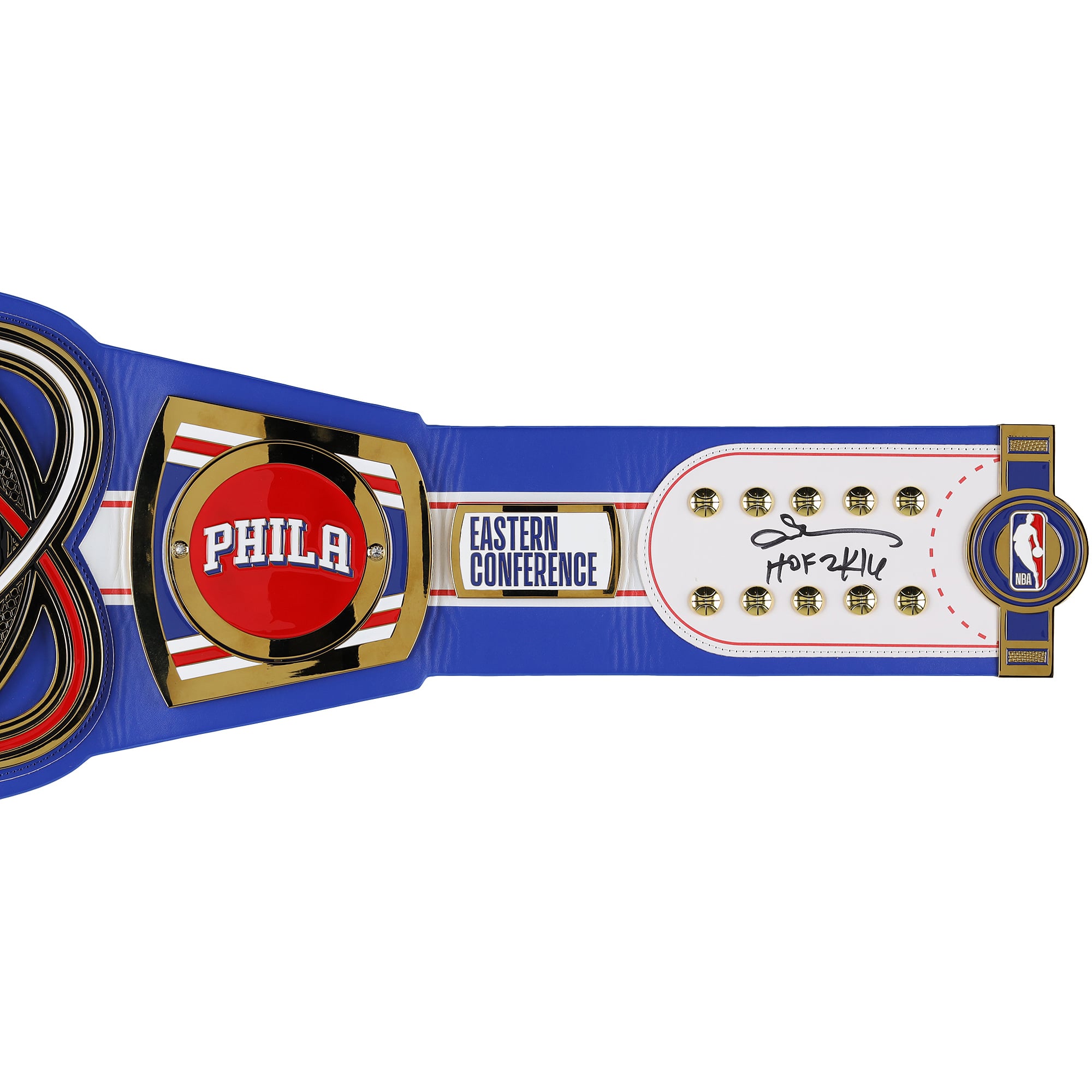 Ceinture de titre WWE Legacy des Philadelphia 76ers, signée par Julius Erving et Allen Iverson, avec inscription « HOF » - Édition limitée n° 3/5