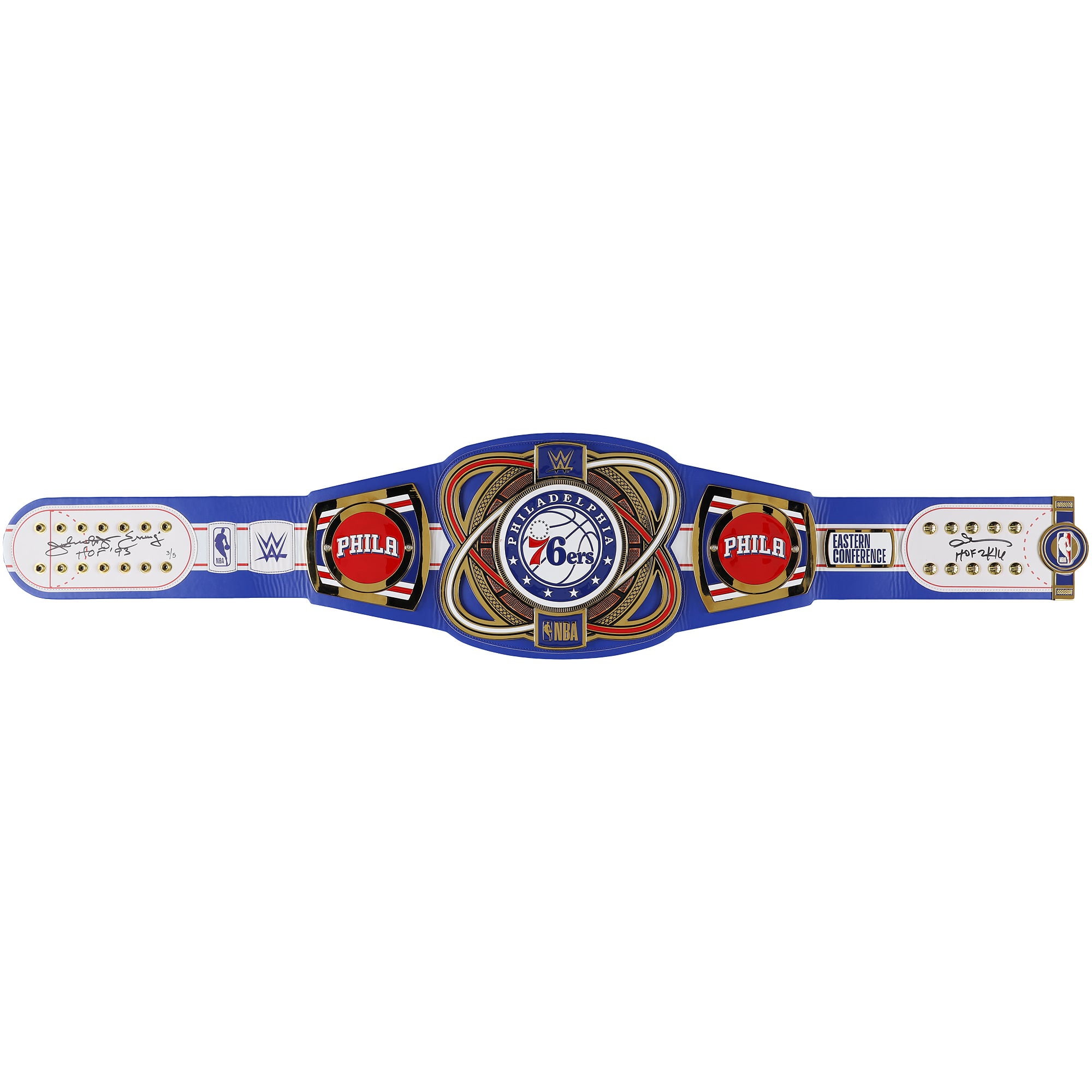 Ceinture de titre WWE Legacy des Philadelphia 76ers, signée par Julius Erving et Allen Iverson, avec inscription « HOF » - Édition limitée n° 3/5