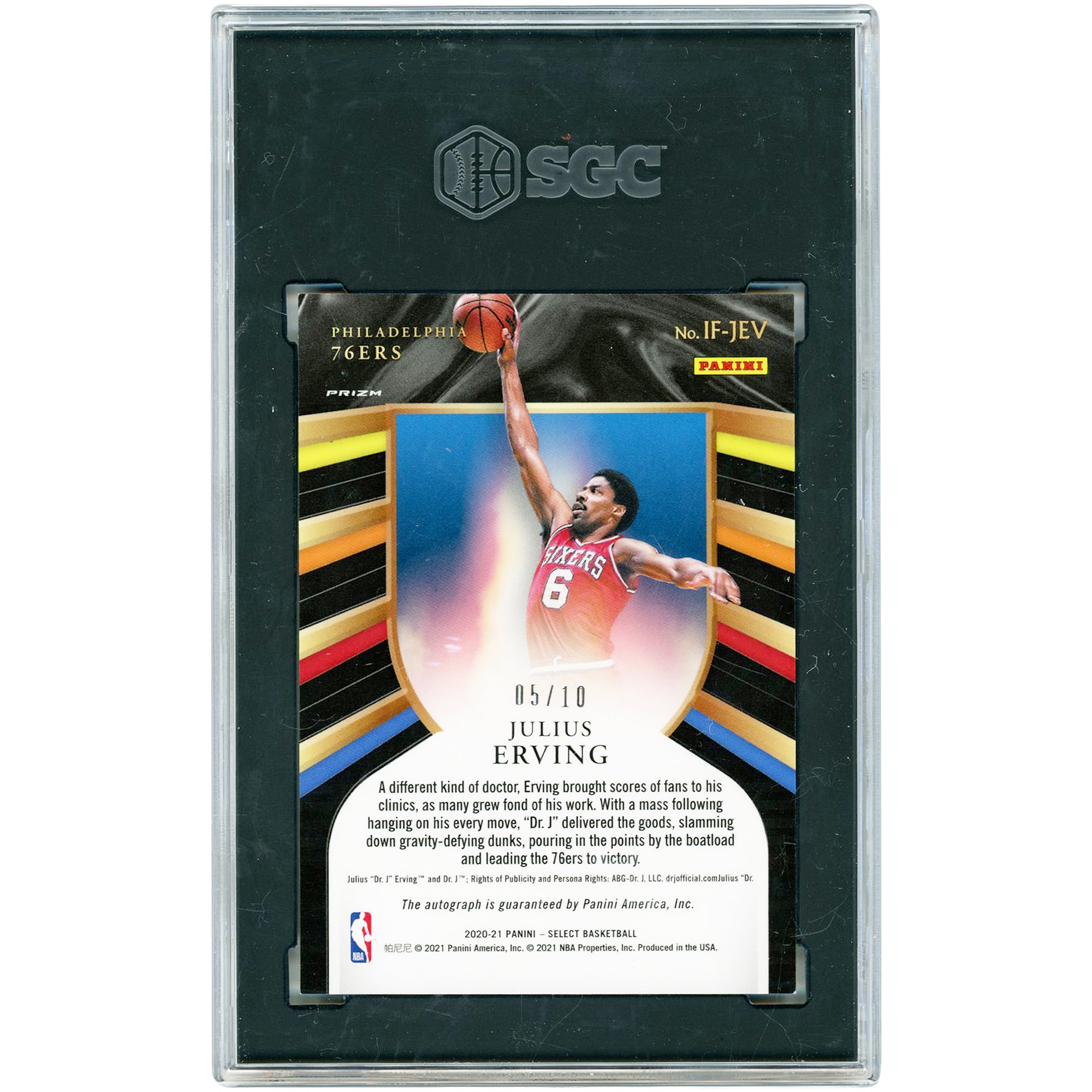 Julius Erving Philadelphia 76ers Autographed 2020-21 Panini Select In Flight Gold Prizm #IF-JEV #5/10 SGC Authenticated 8.5/10 Card