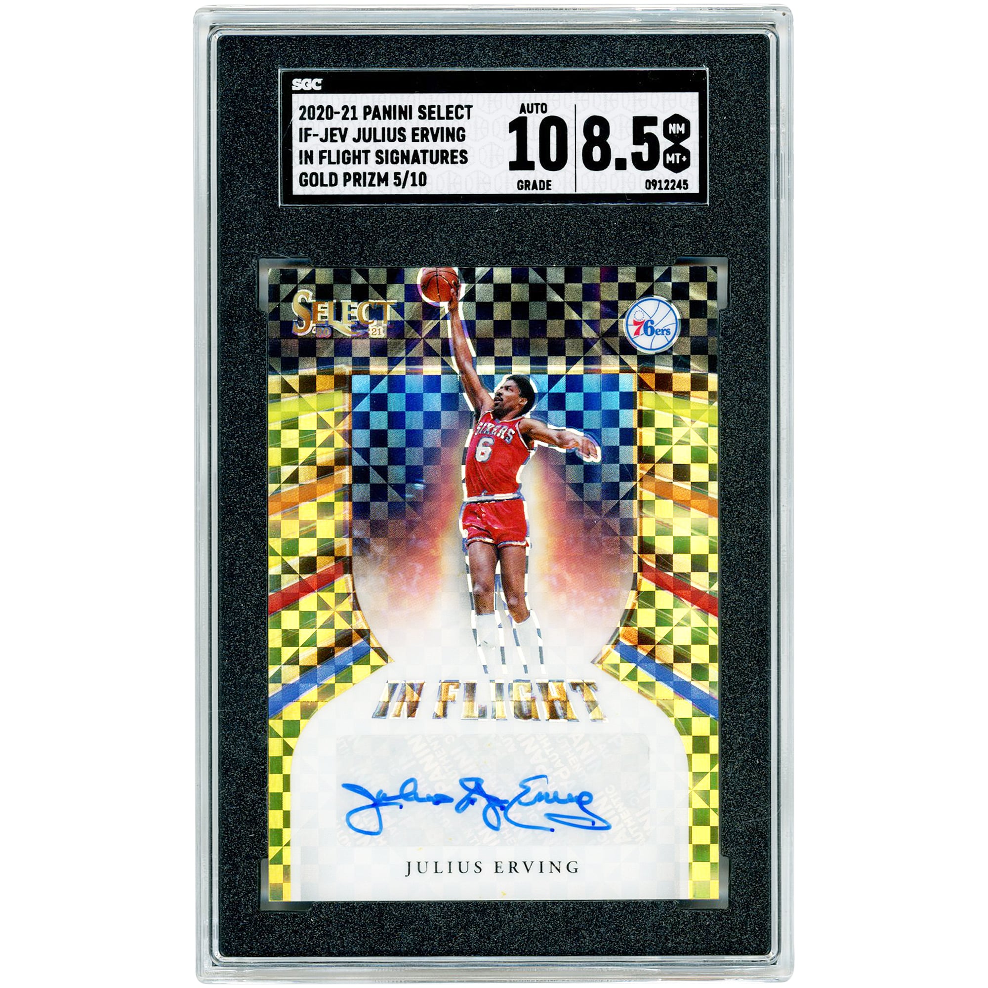 Julius Erving Philadelphia 76ers Autographed 2020-21 Panini Select In Flight Gold Prizm #IF-JEV #5/10 SGC Authenticated 8.5/10 Card