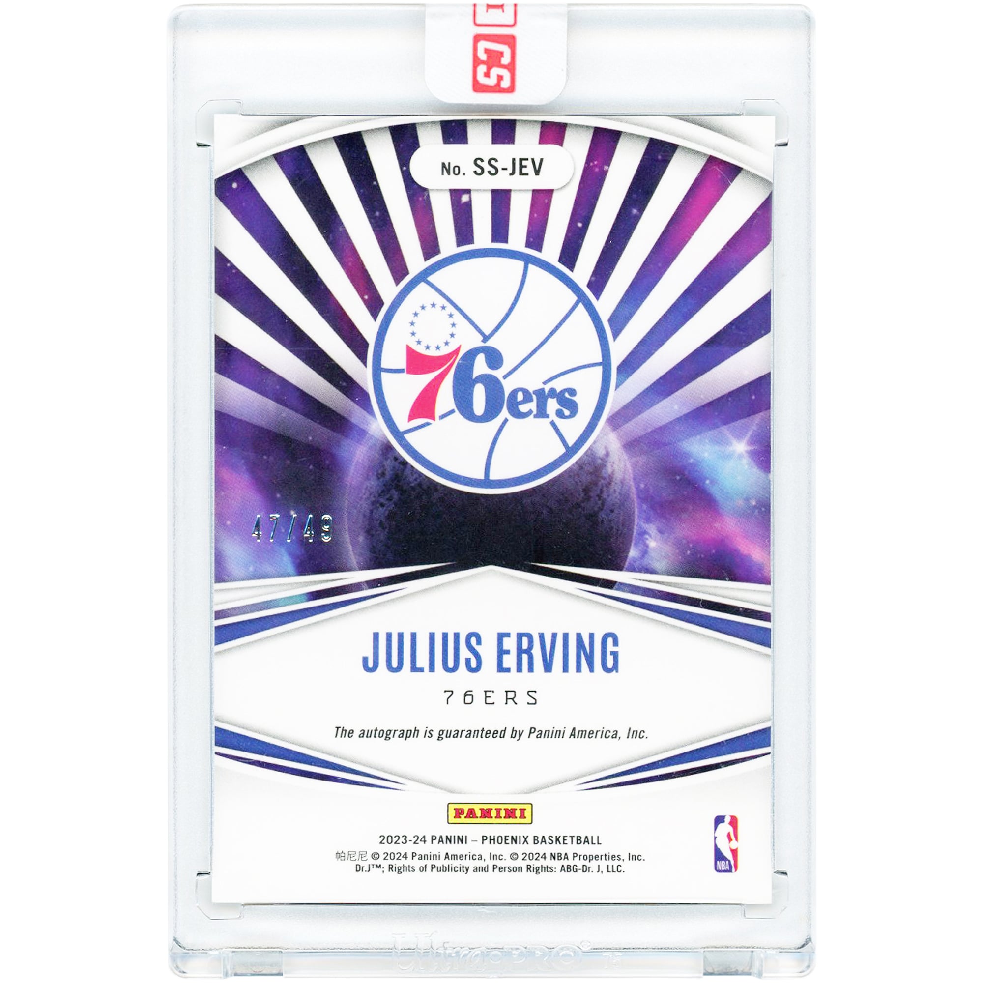 Julius Erving Philadelphia 76ers Autographed 2023-24 Panini Phoenix Stellar Silver Prizm #SS-JEV #47/49 Card