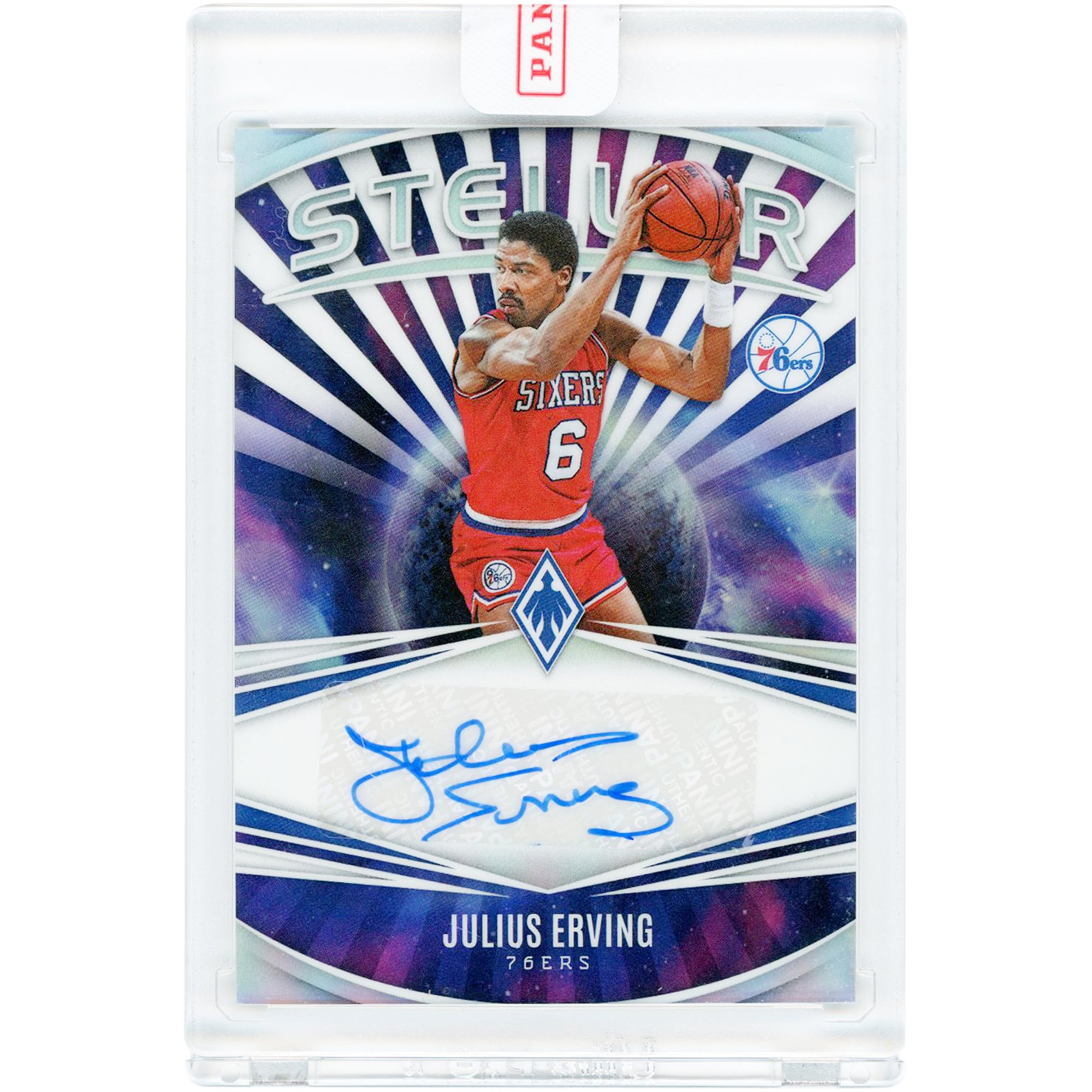 Julius Erving Philadelphia 76ers Autographed 2023-24 Panini Phoenix Stellar Silver Prizm #SS-JEV #47/49 Card