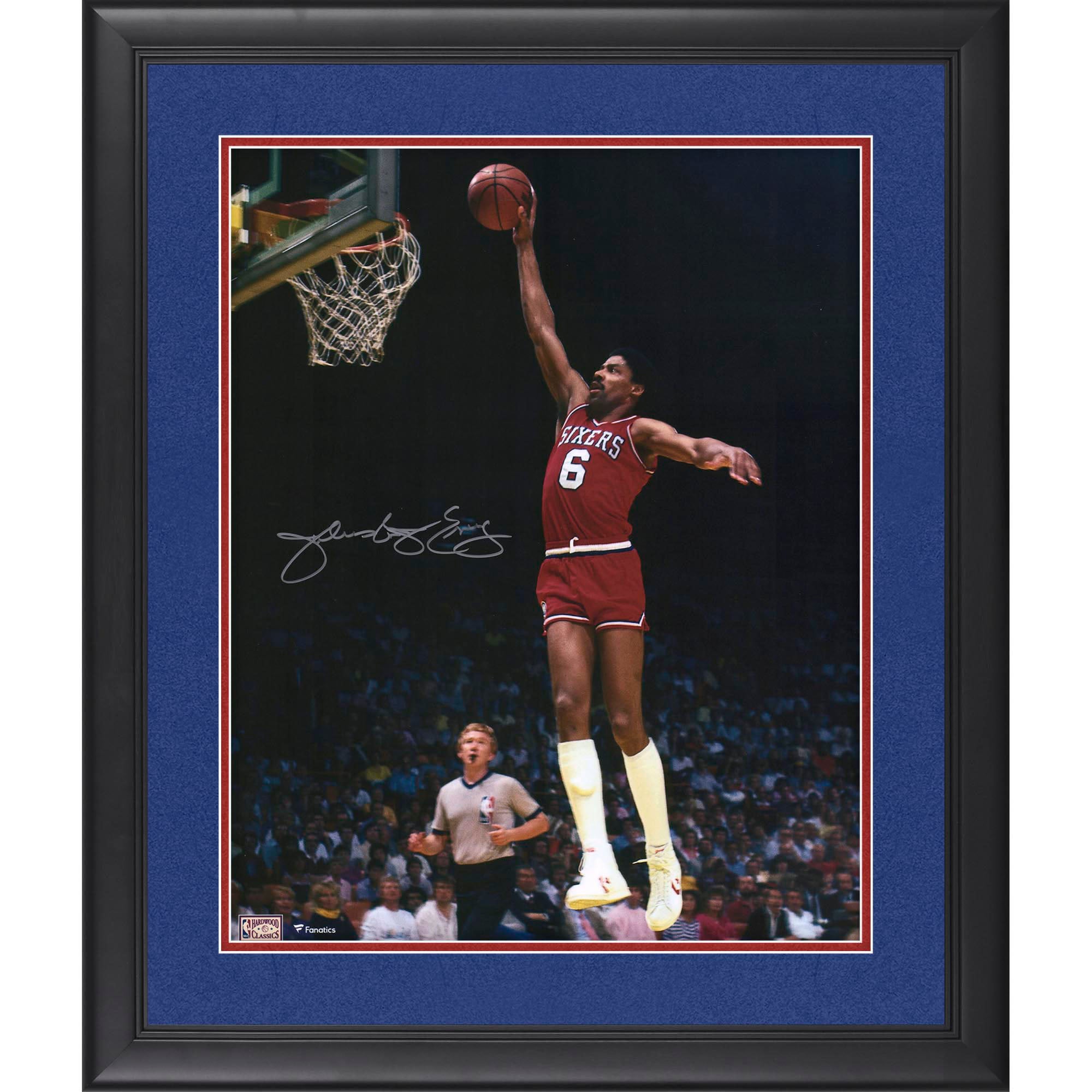 Julius Erving Philadelphia 76ers Autographed Framed 16'' x 20'' Dunking with Red Jersey Photograph - Suede Mat Upgrade