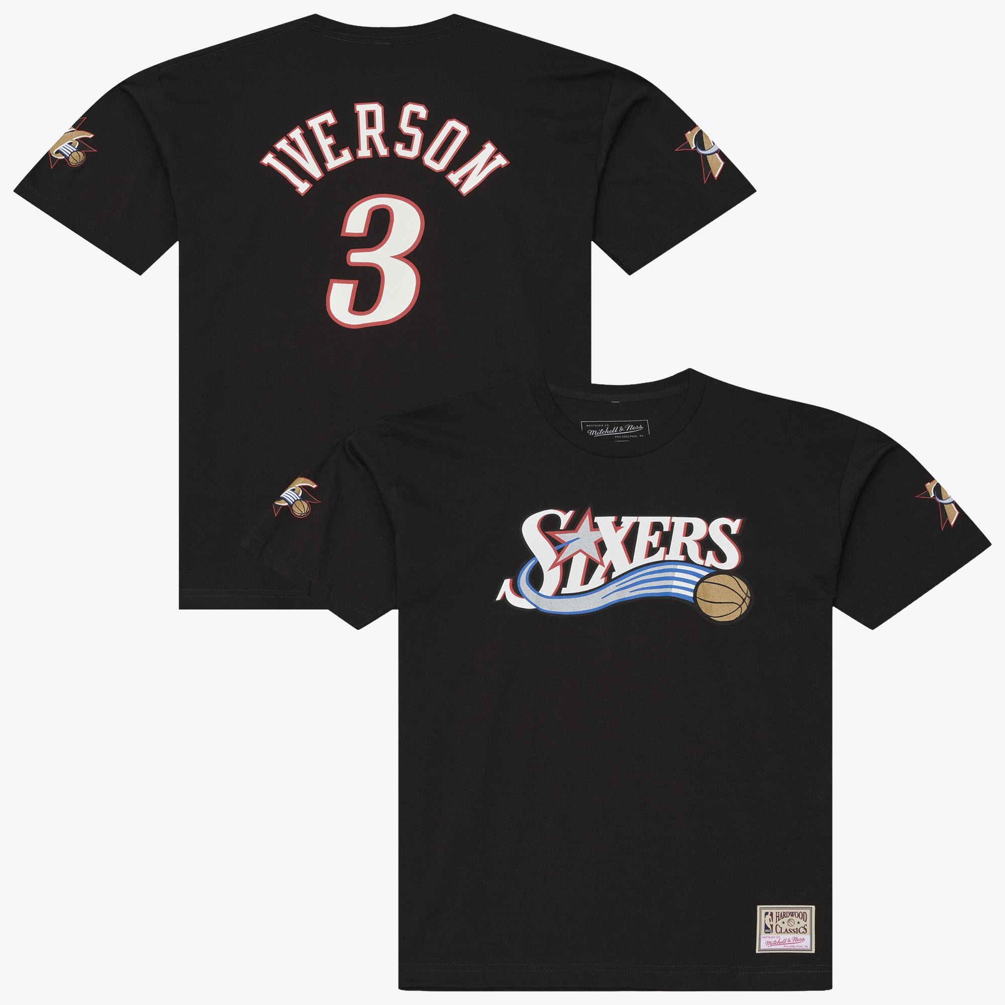 T-shirt classique Mitchell & Ness Allen Iverson noir Philadelphia 76ers Hardwood Classics pour homme, nom et numéro