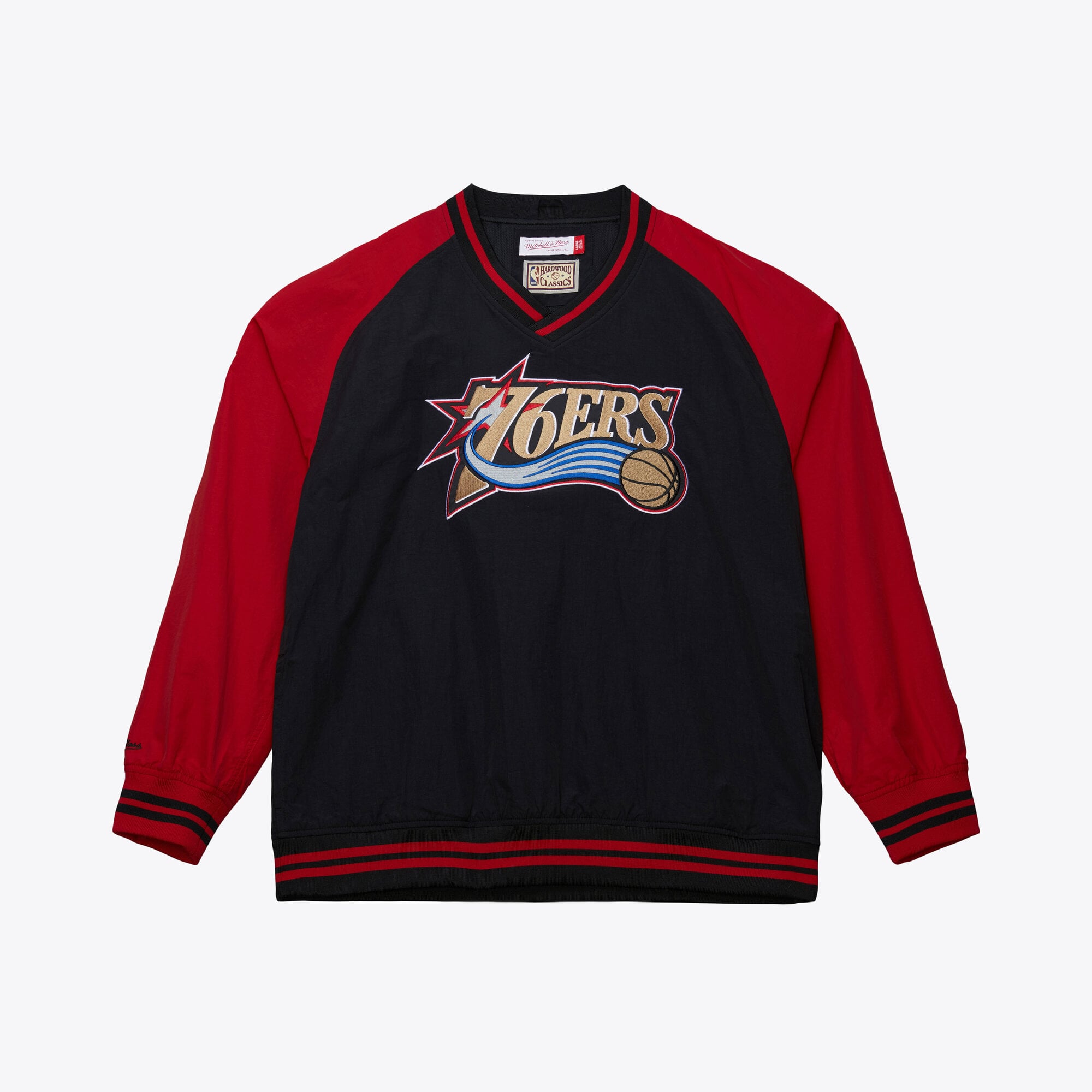 Men's Mitchell & Ness Black Philadelphia 76ers Classic V-Neck Raglan Pullover