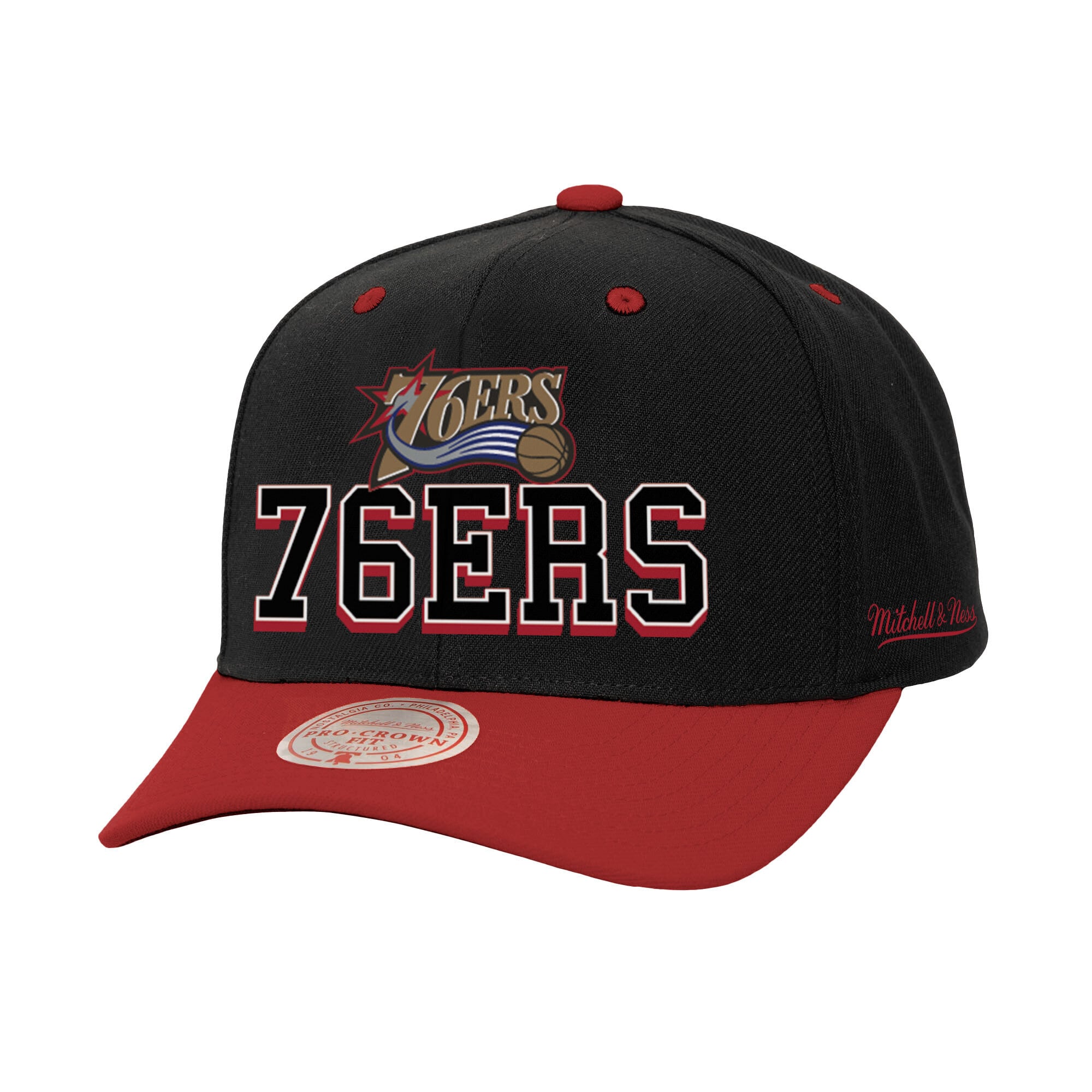 Men's Philadelphia 76ers Mitchell & Ness Black/Red Backside Script 2-Tone Pro Crown Adjustable Hat