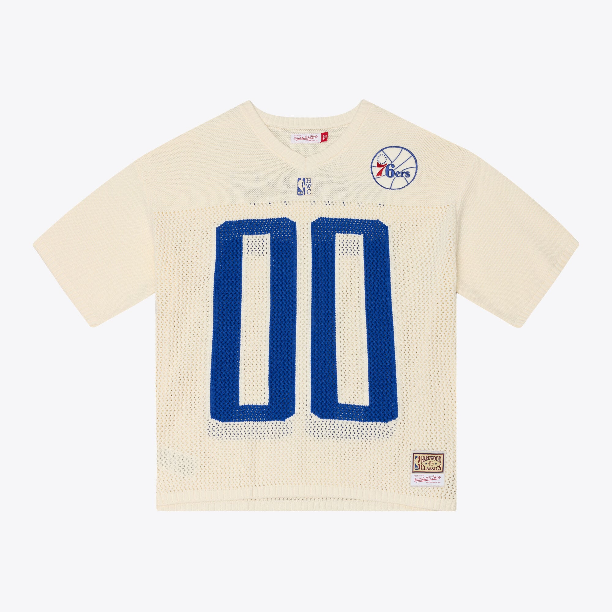 Men's Mitchell & Ness Cream Philadelphia 76ers Hardwood Classics Retro Roots Short Sleeve Sweater Jersey