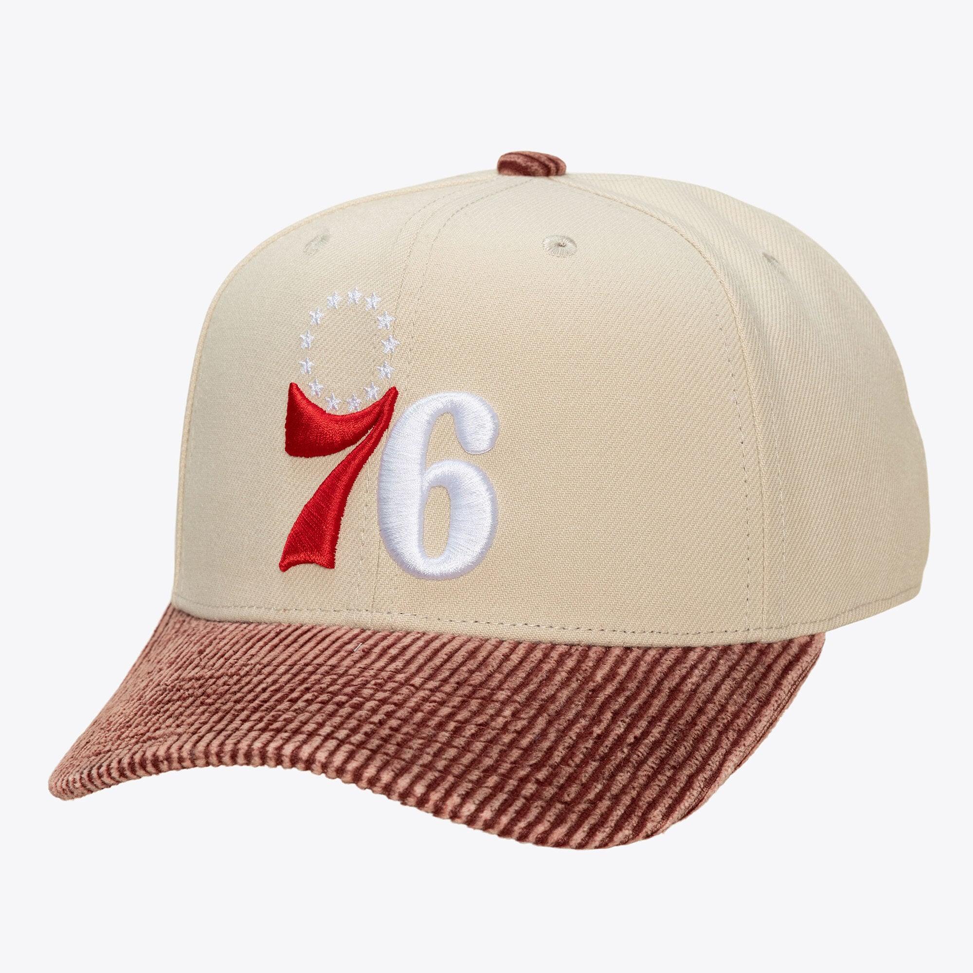Men's Mitchell & Ness Cream/Red Philadelphia 76ers Washed Corduroy Pro Crown Snapback Hat