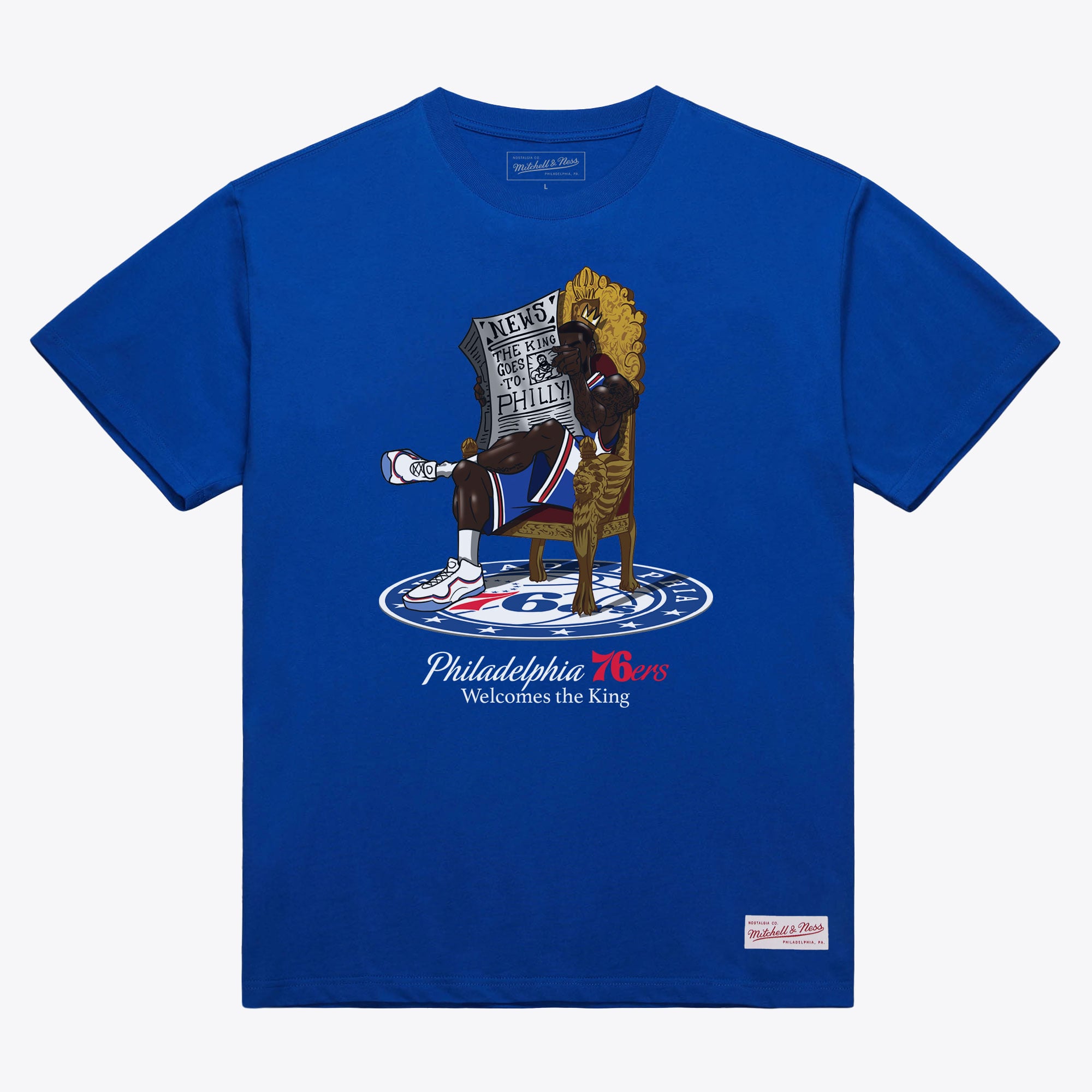 T-shirt Mitchell & Ness pour homme, motif caricature LeBron James Royal Philadelphia 76ers