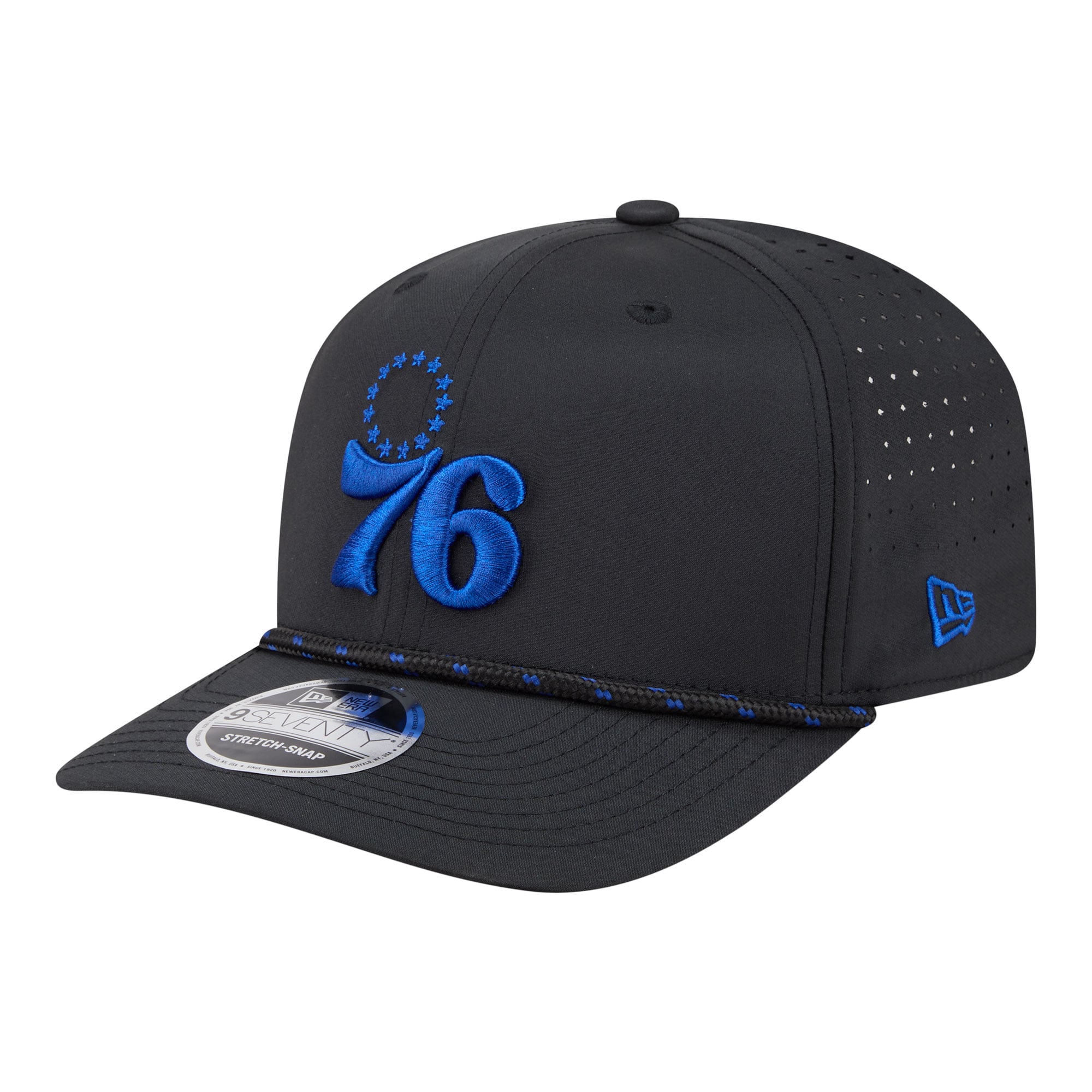 Men's New Era Black Philadelphia 76ers Sport Rope Vented Stretch-Snap 9SEVENTY Hat