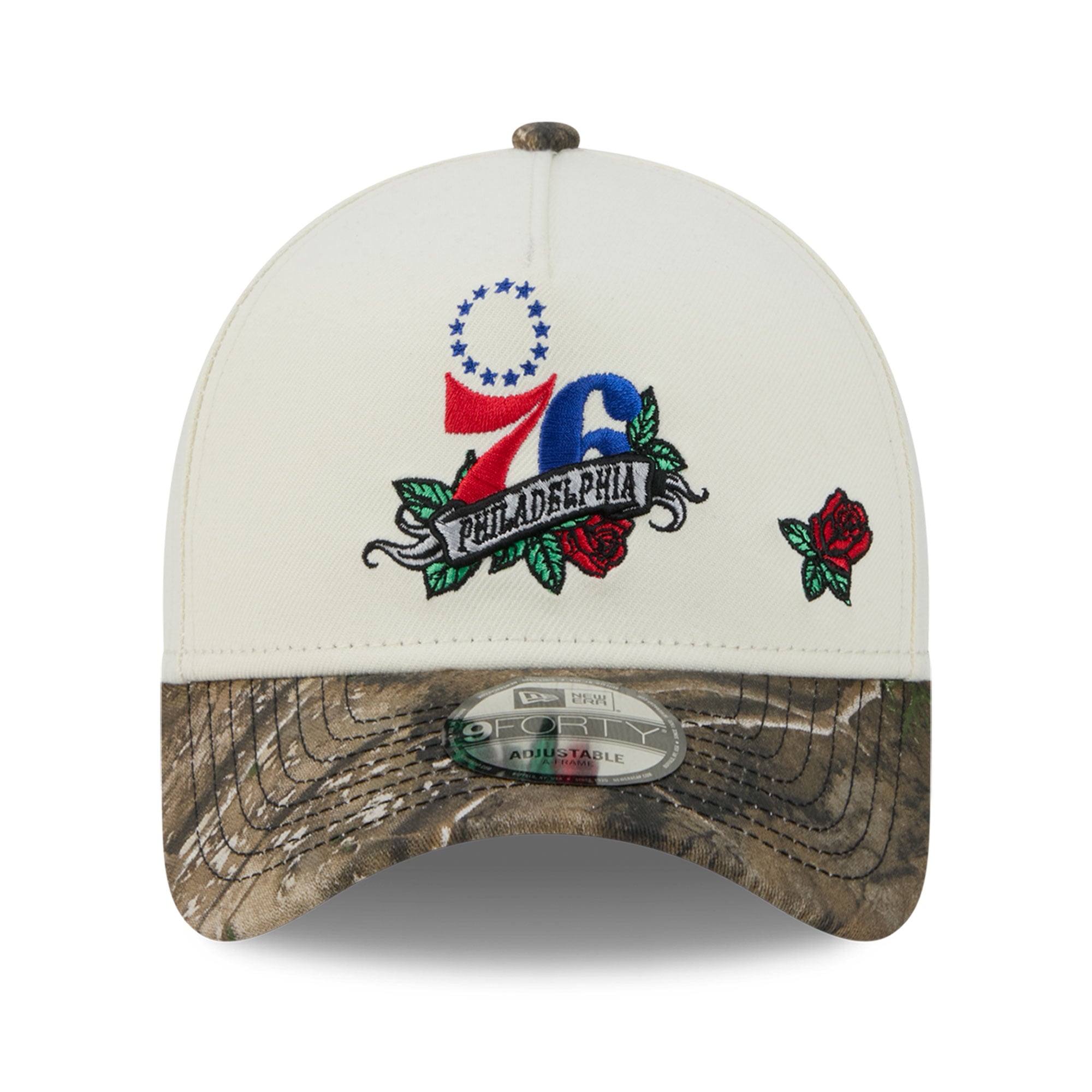Casquette ajustable New Era crème/camouflage Philadelphia 76ers Rose Banner 9FORTY A-Frame pour homme