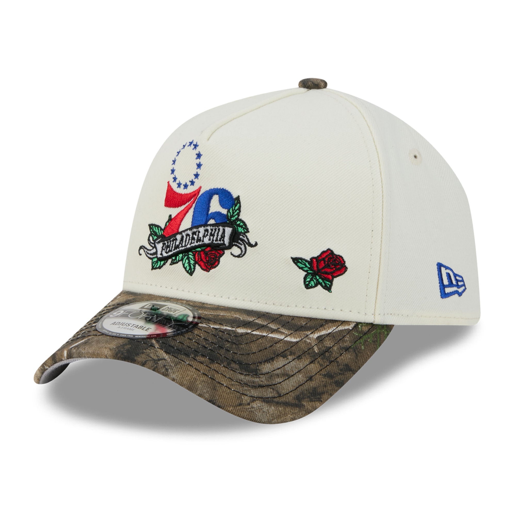 Casquette ajustable New Era crème/camouflage Philadelphia 76ers Rose Banner 9FORTY A-Frame pour homme