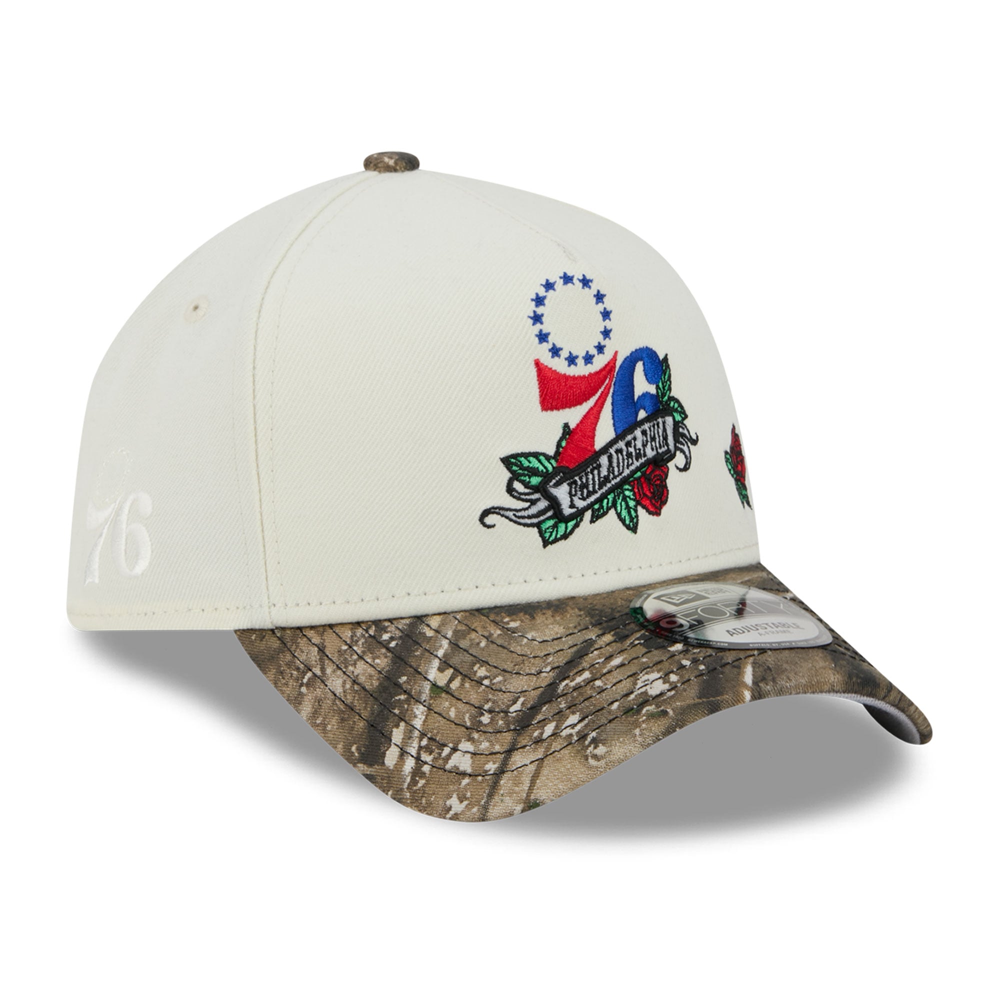Casquette ajustable New Era crème/camouflage Philadelphia 76ers Rose Banner 9FORTY A-Frame pour homme