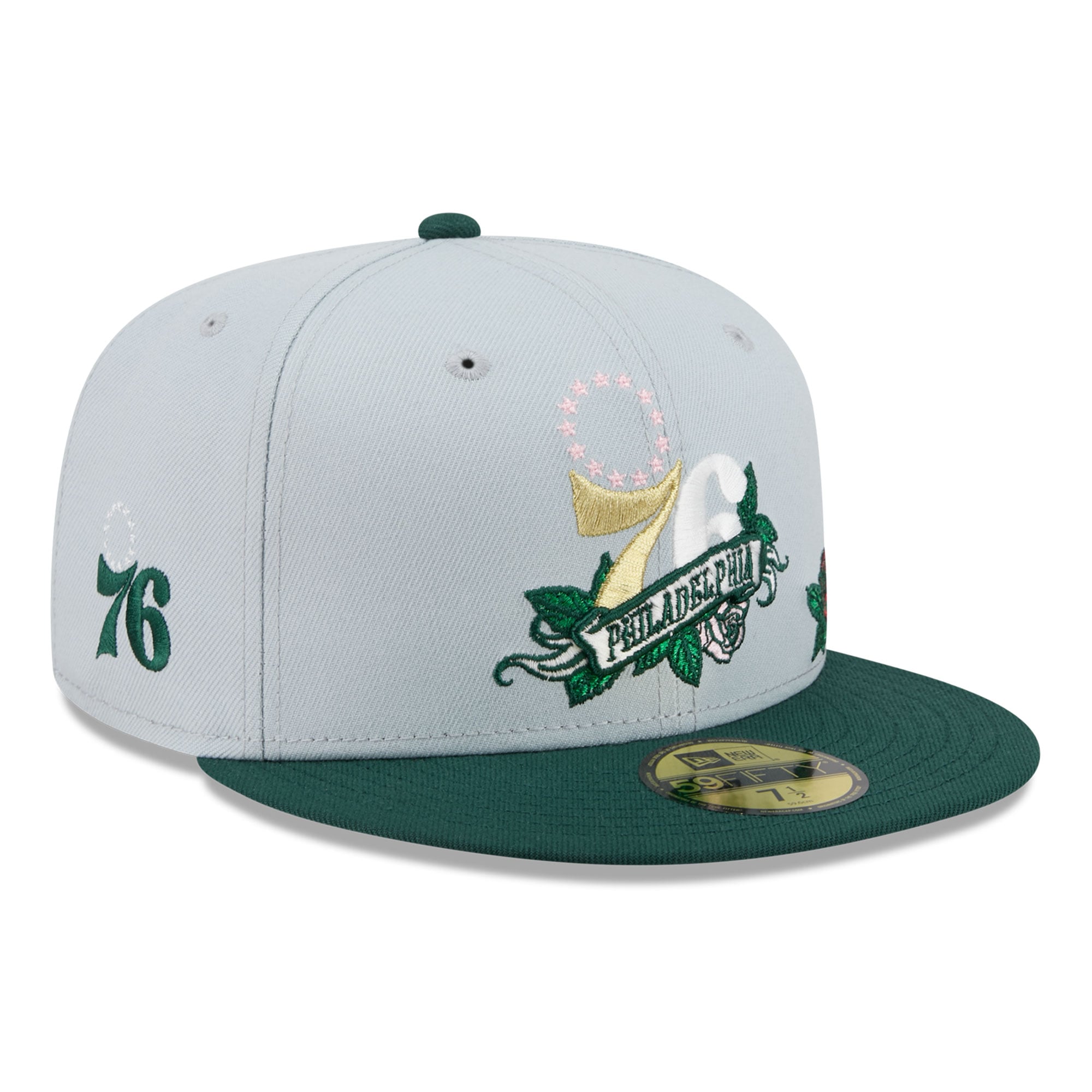 Casquette ajustée New Era 59FIFTY pour homme, grise et verte, Philadelphia 76ers, motif rose.