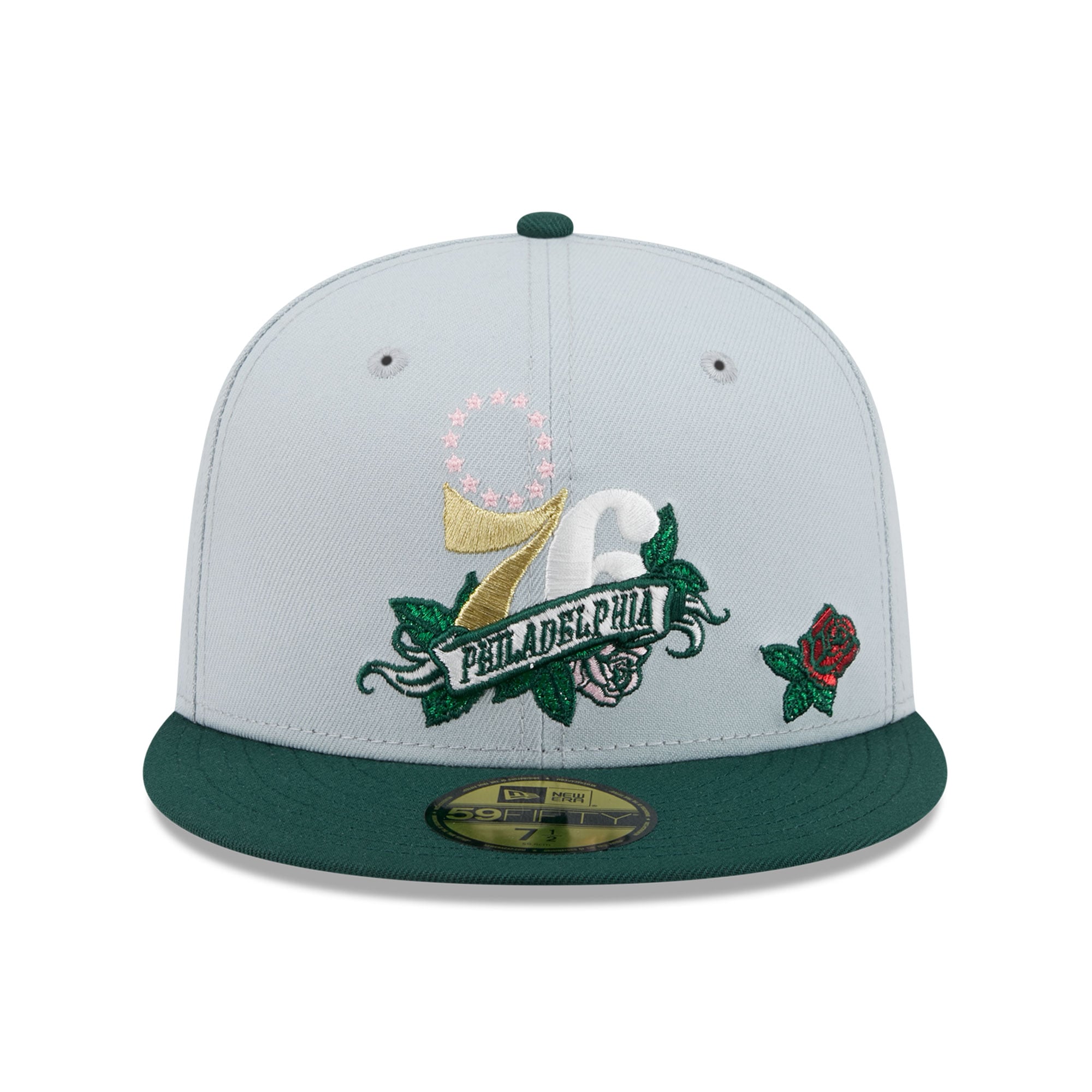 Casquette ajustée New Era 59FIFTY pour homme, grise et verte, Philadelphia 76ers, motif rose.