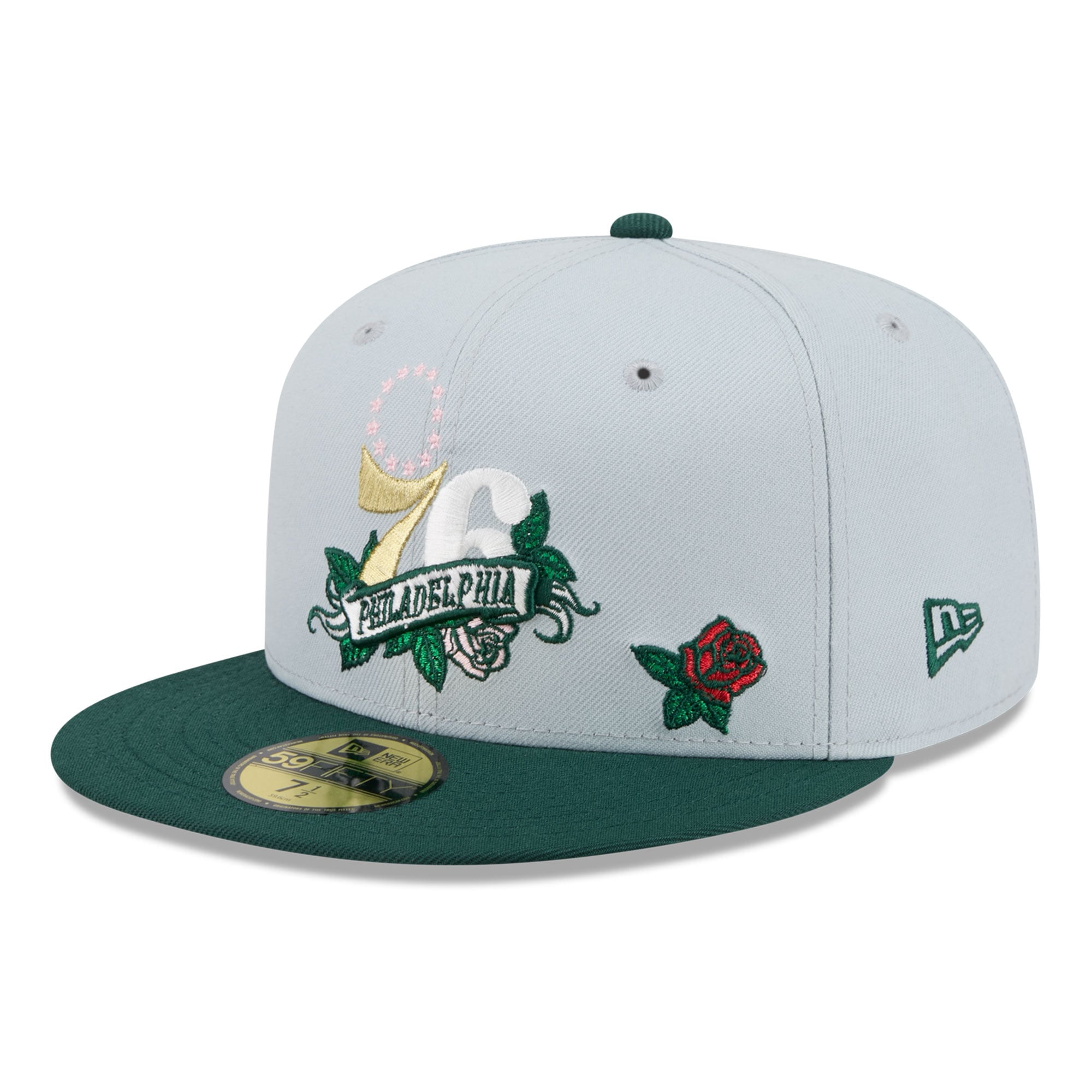 Casquette ajustée New Era 59FIFTY pour homme, grise et verte, Philadelphia 76ers, motif rose.
