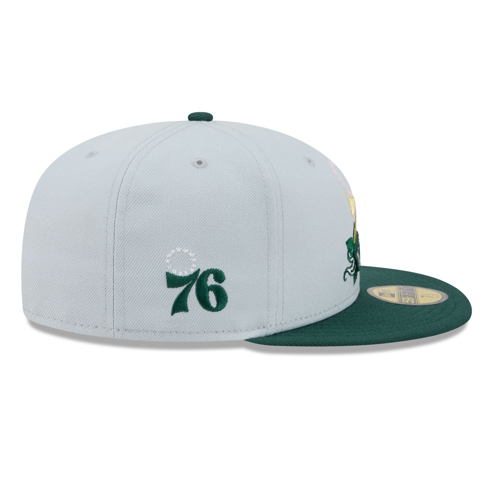 Casquette ajustée New Era 59FIFTY pour homme, grise et verte, Philadelphia 76ers, motif rose.